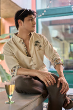 Caribbean Palm Tree Cotton Regular Fit Beige Embroidery Shirt
