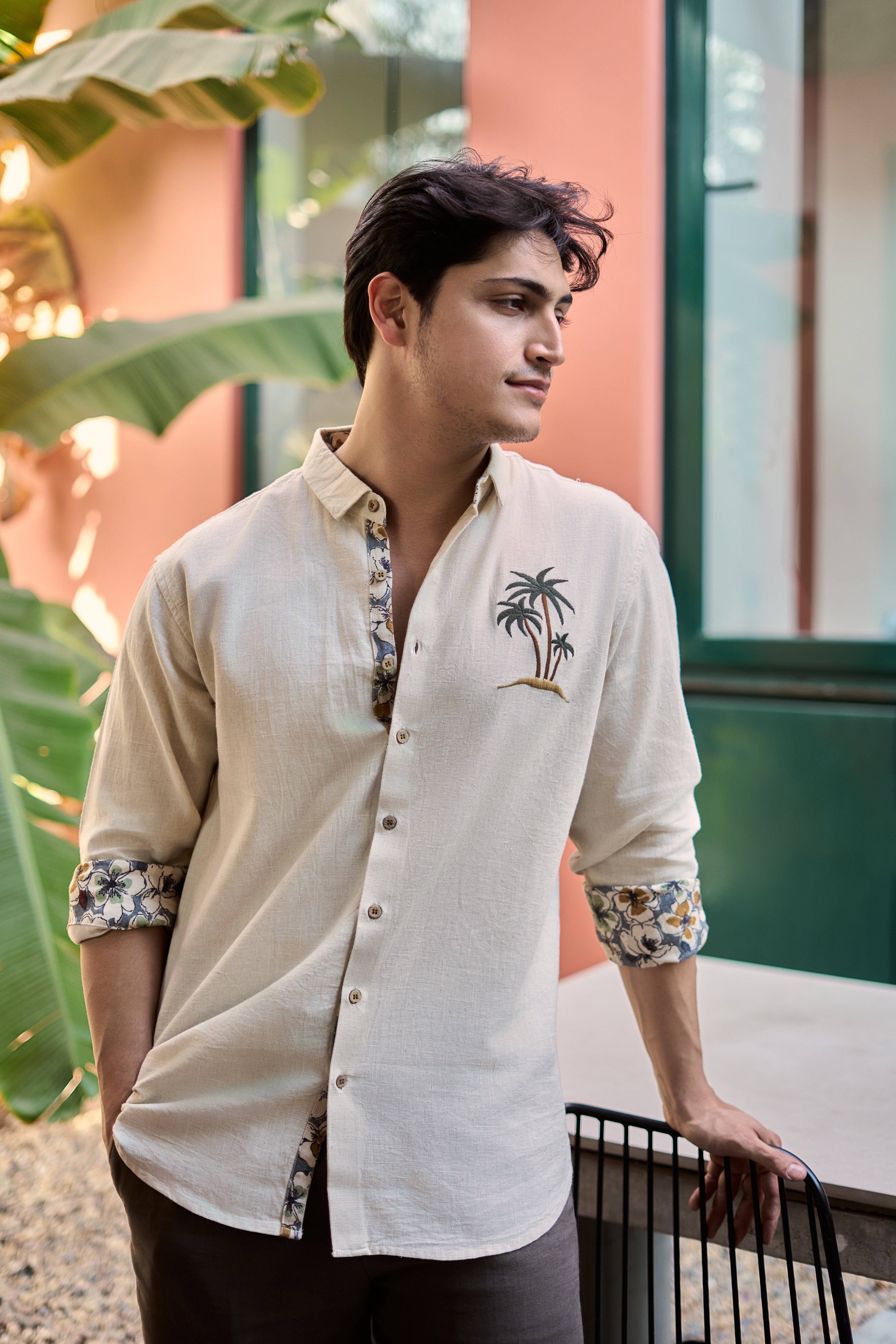 Caribbean beige Palm Tree Embroidery Shirt