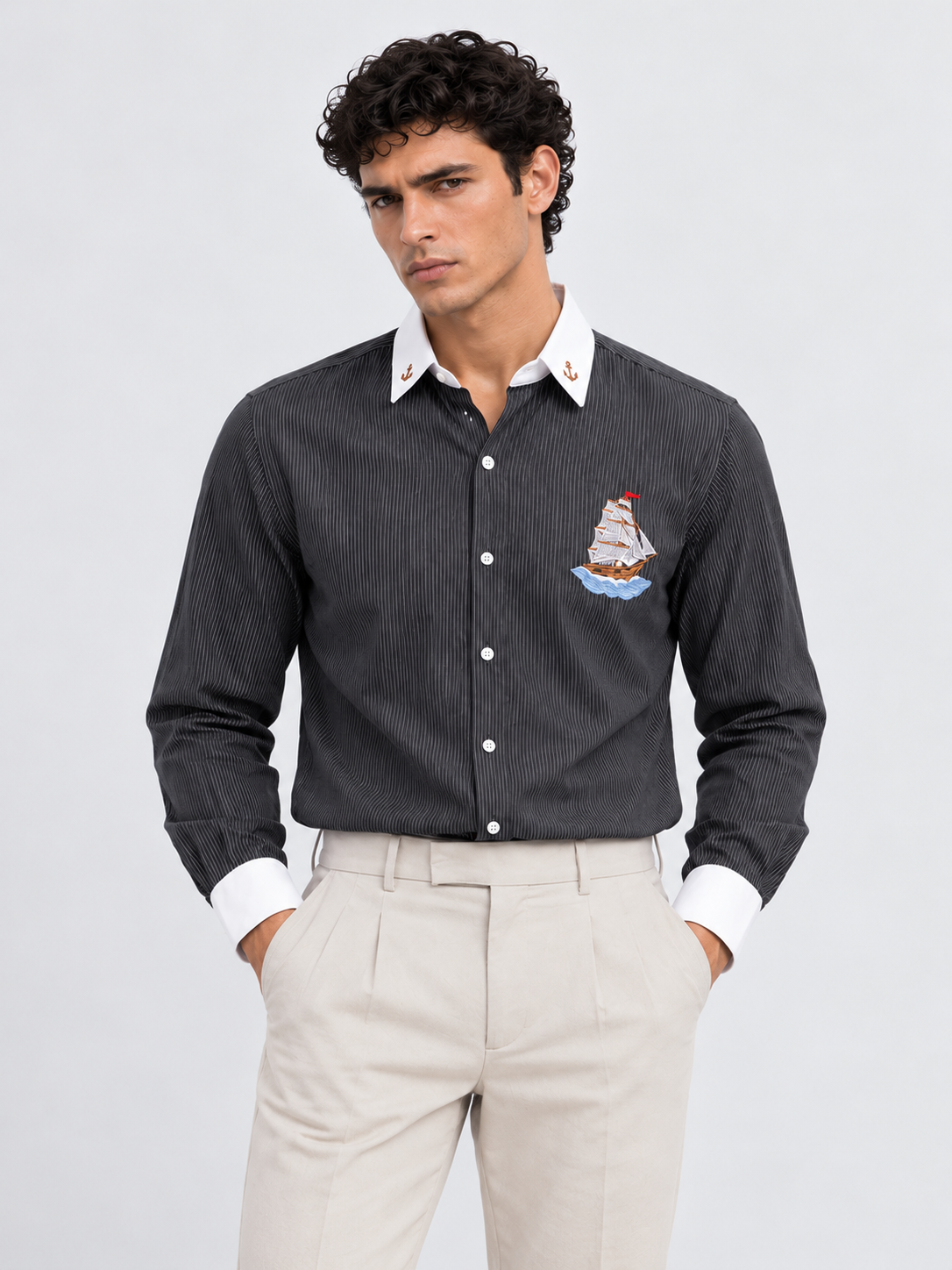 Ocean Voyage Cotton Regular Fit Pinstripe Black Embroidered Shirt