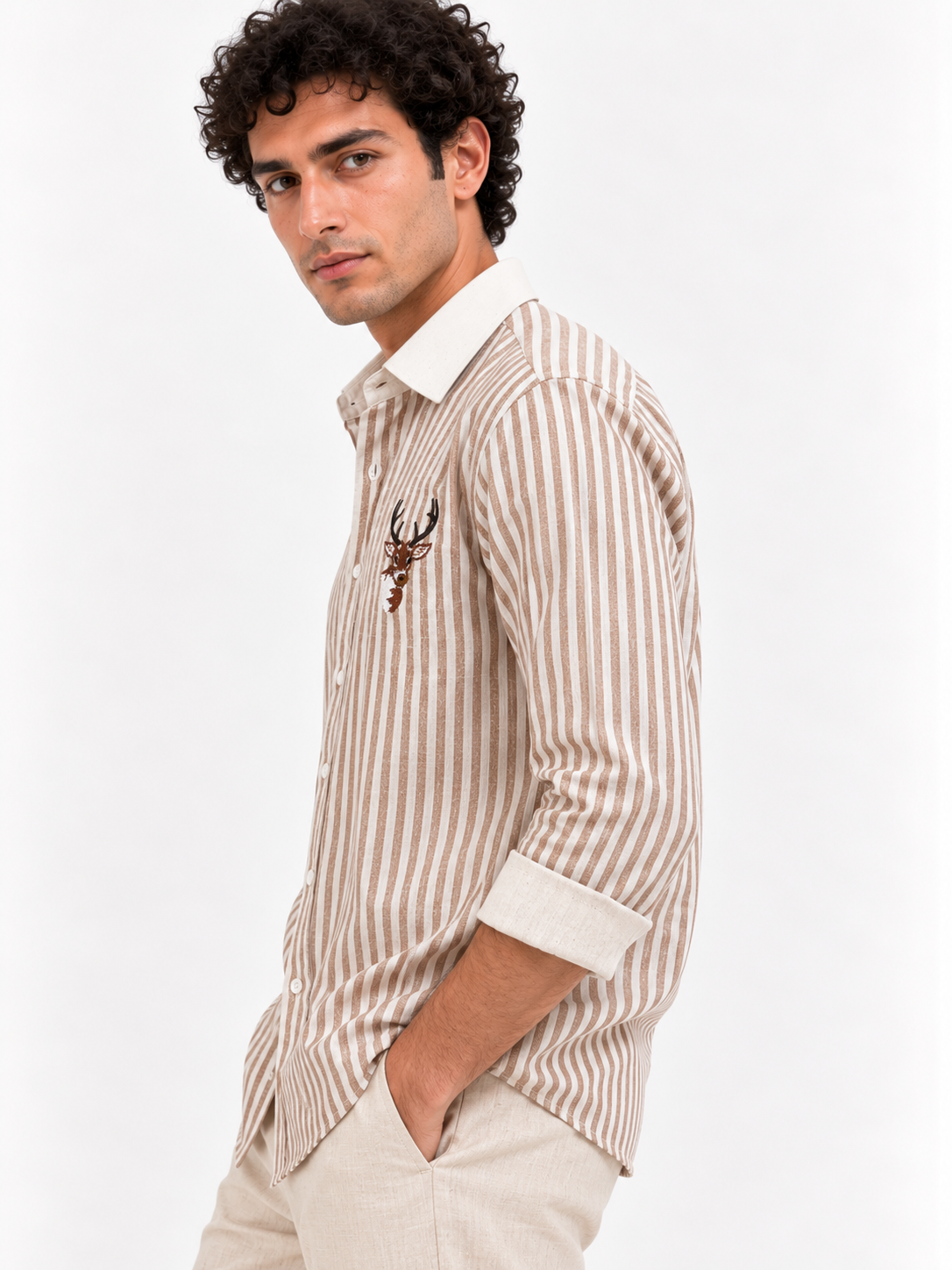 Stag Crest Cotton Regular Fit Brown Striped Embroidered Shirt