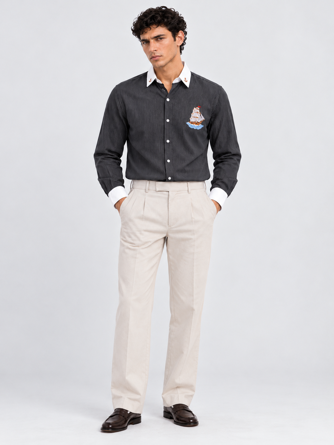 Ocean Voyage Cotton Regular Fit Pinstripe Black Embroidered Shirt