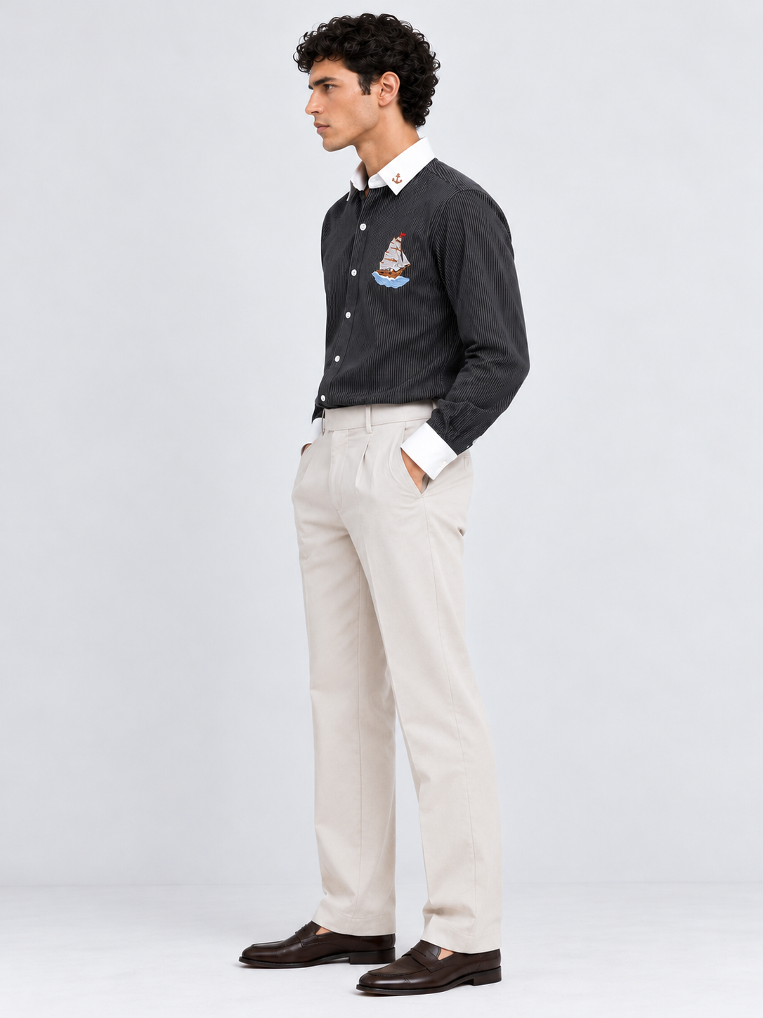 Ocean Voyage Cotton Regular Fit Pinstripe Black Embroidered Shirt