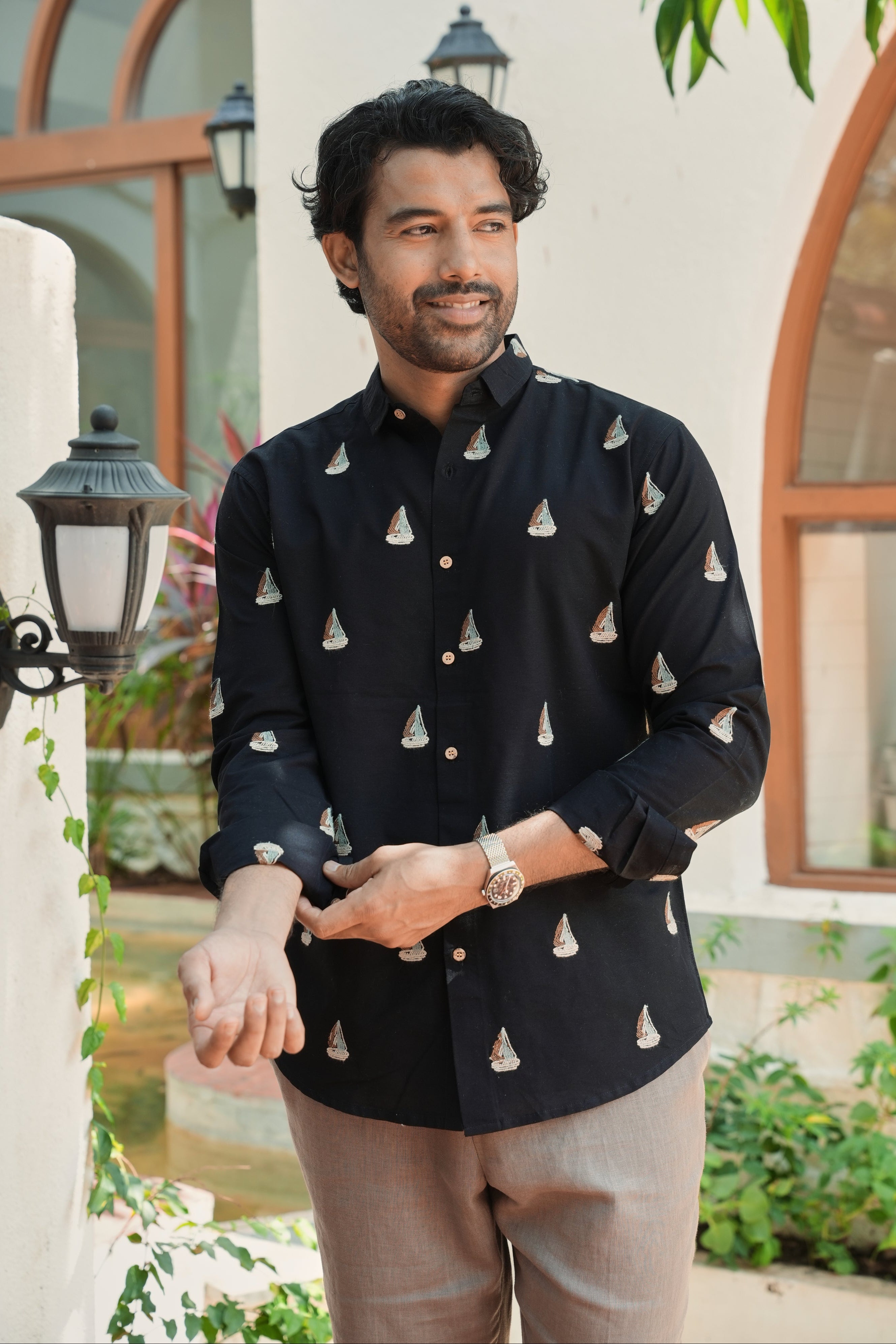 Midnight Nautical Sailboat Black Embroidered Shirt