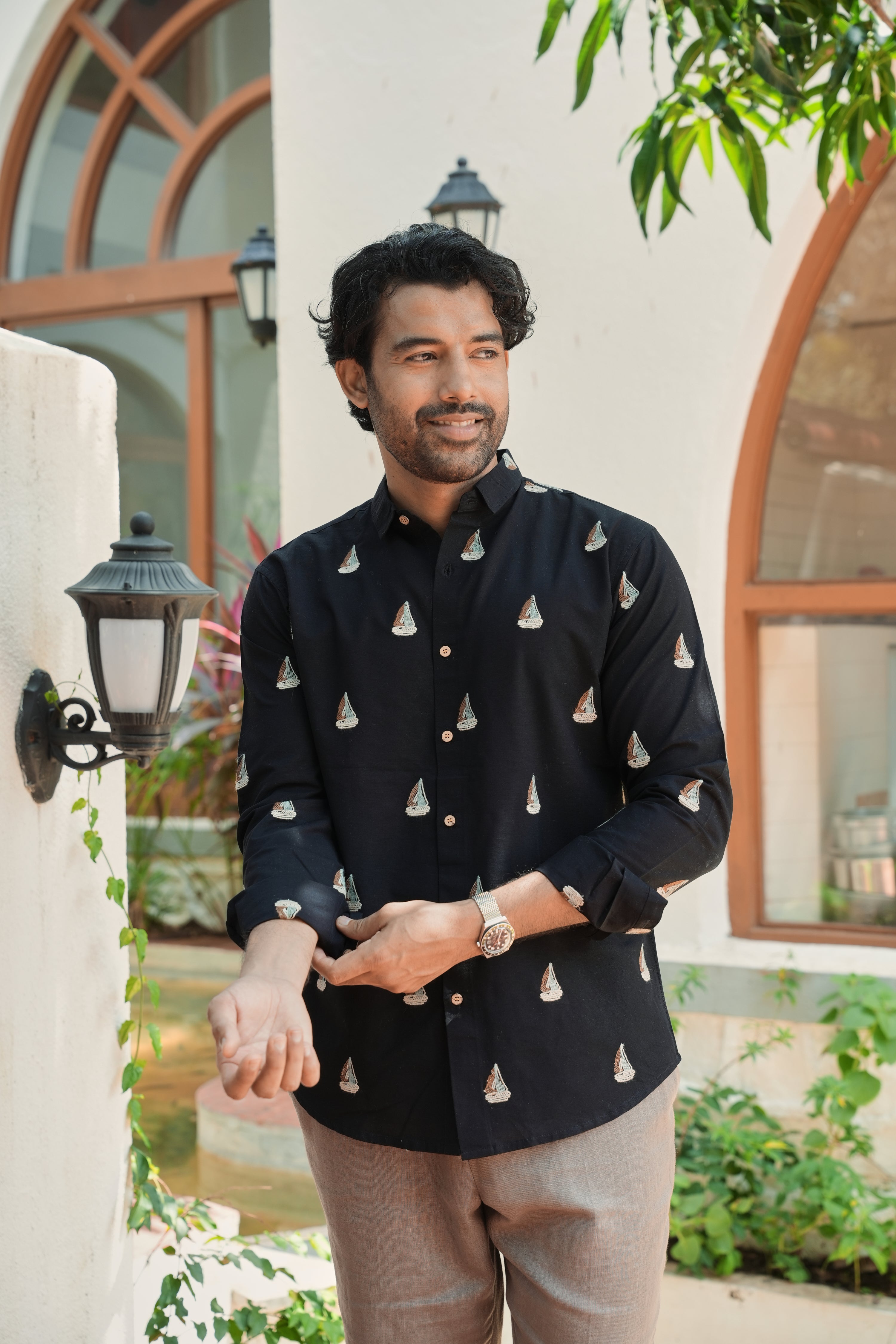 Midnight Nautical Sailboat Black Embroidered Shirt