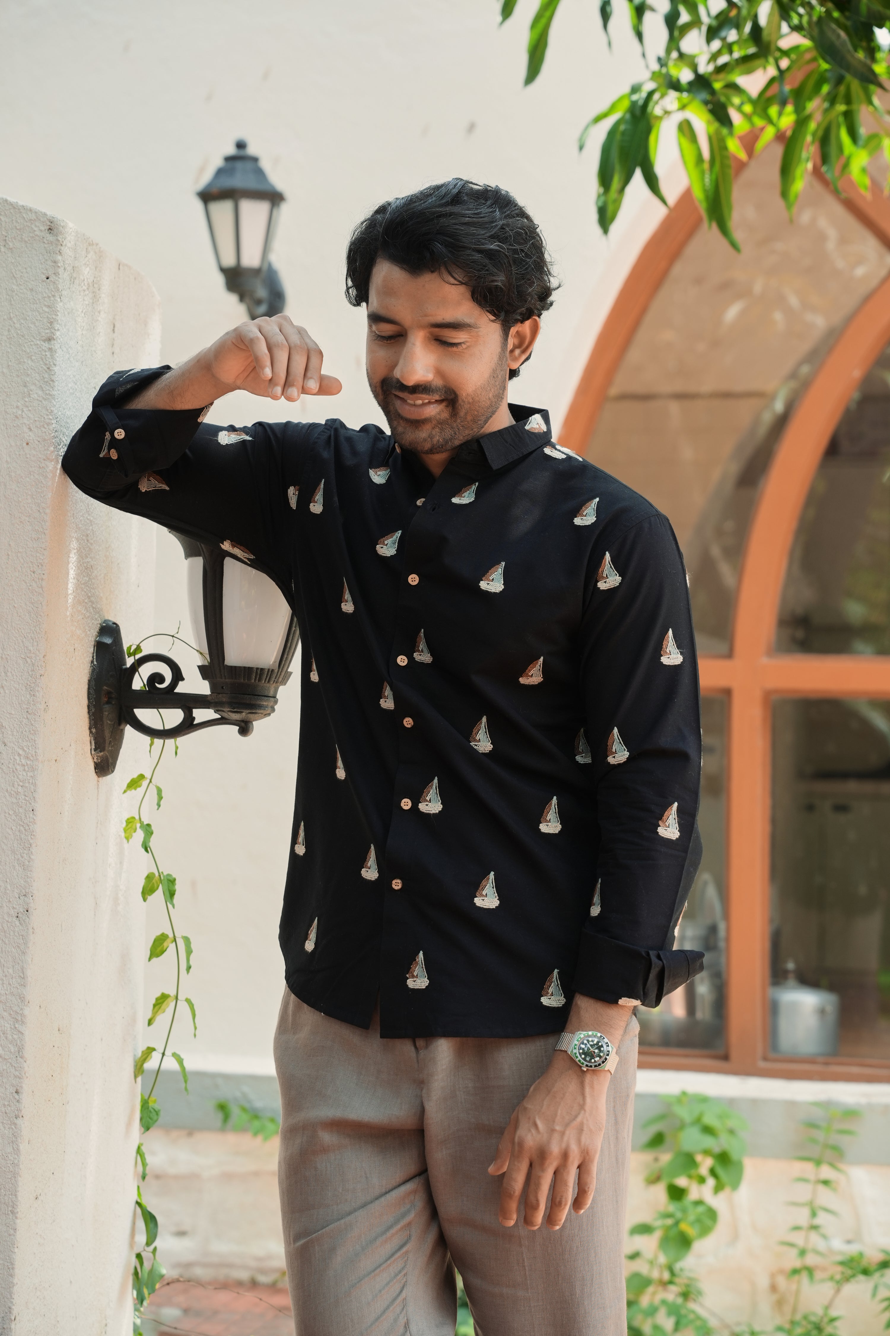 Midnight Nautical Sailboat Black Embroidered Shirt