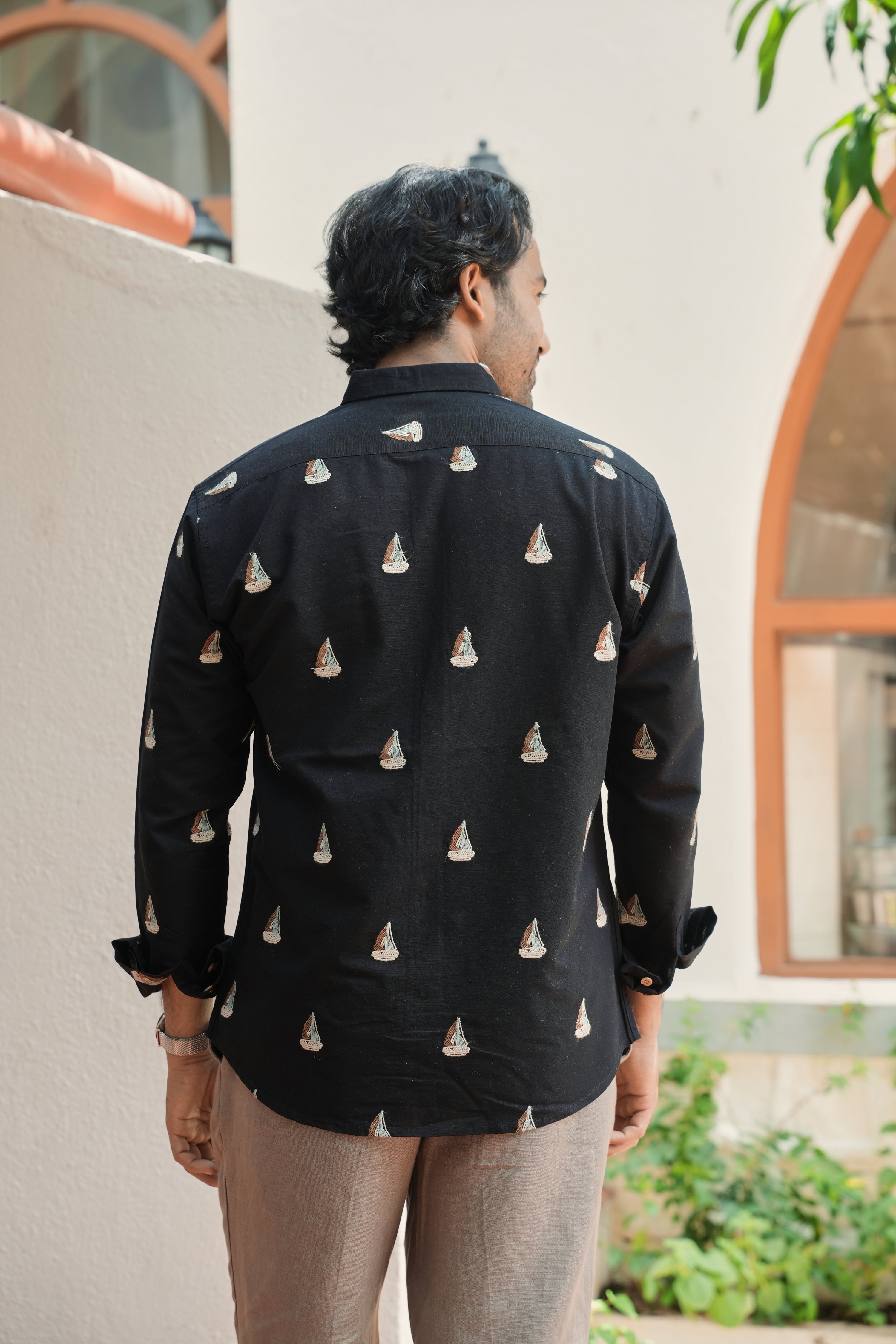 Midnight Nautical Sailboat Black Embroidered Shirt