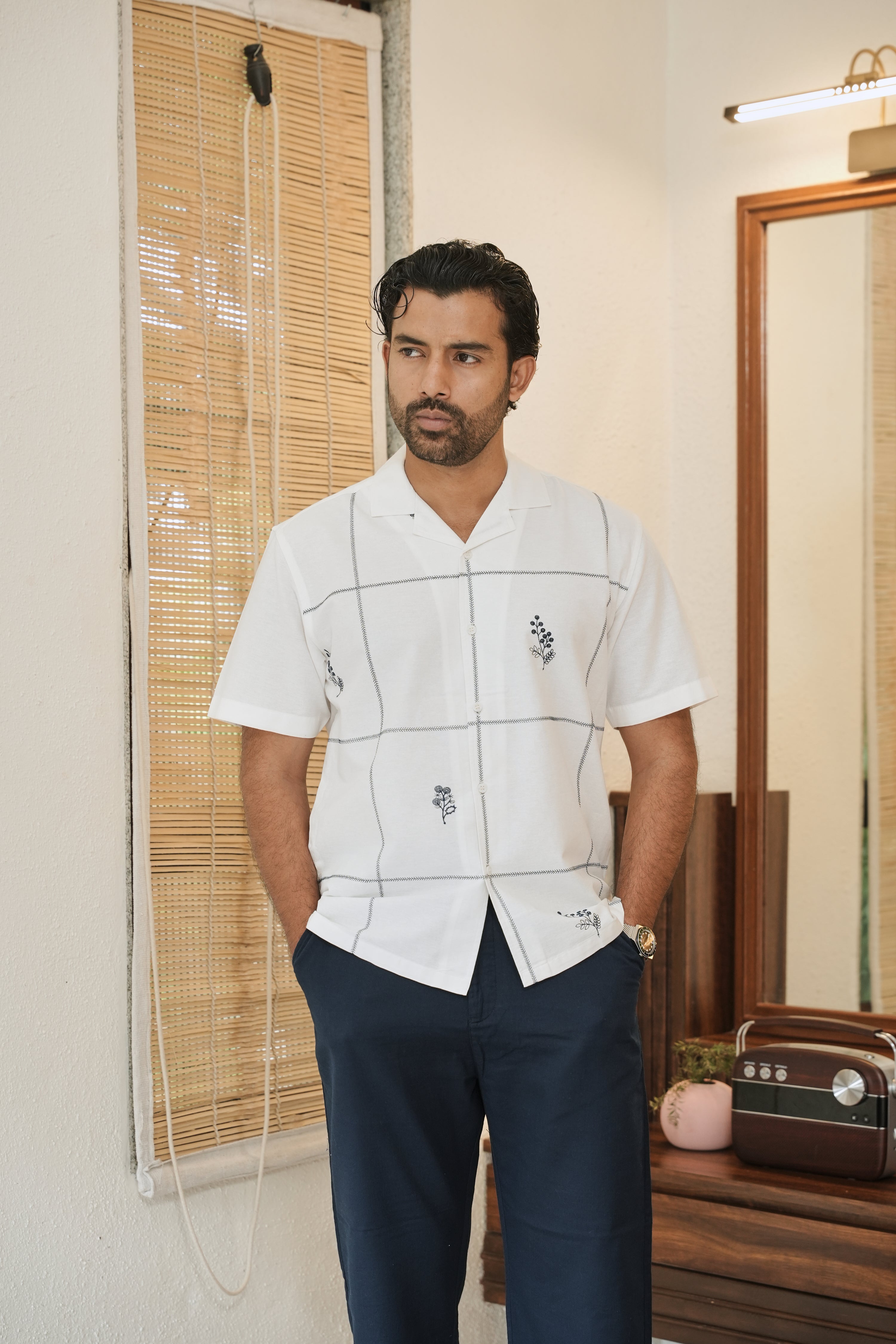 Coastal Grid Embroidered Cuban Shirt