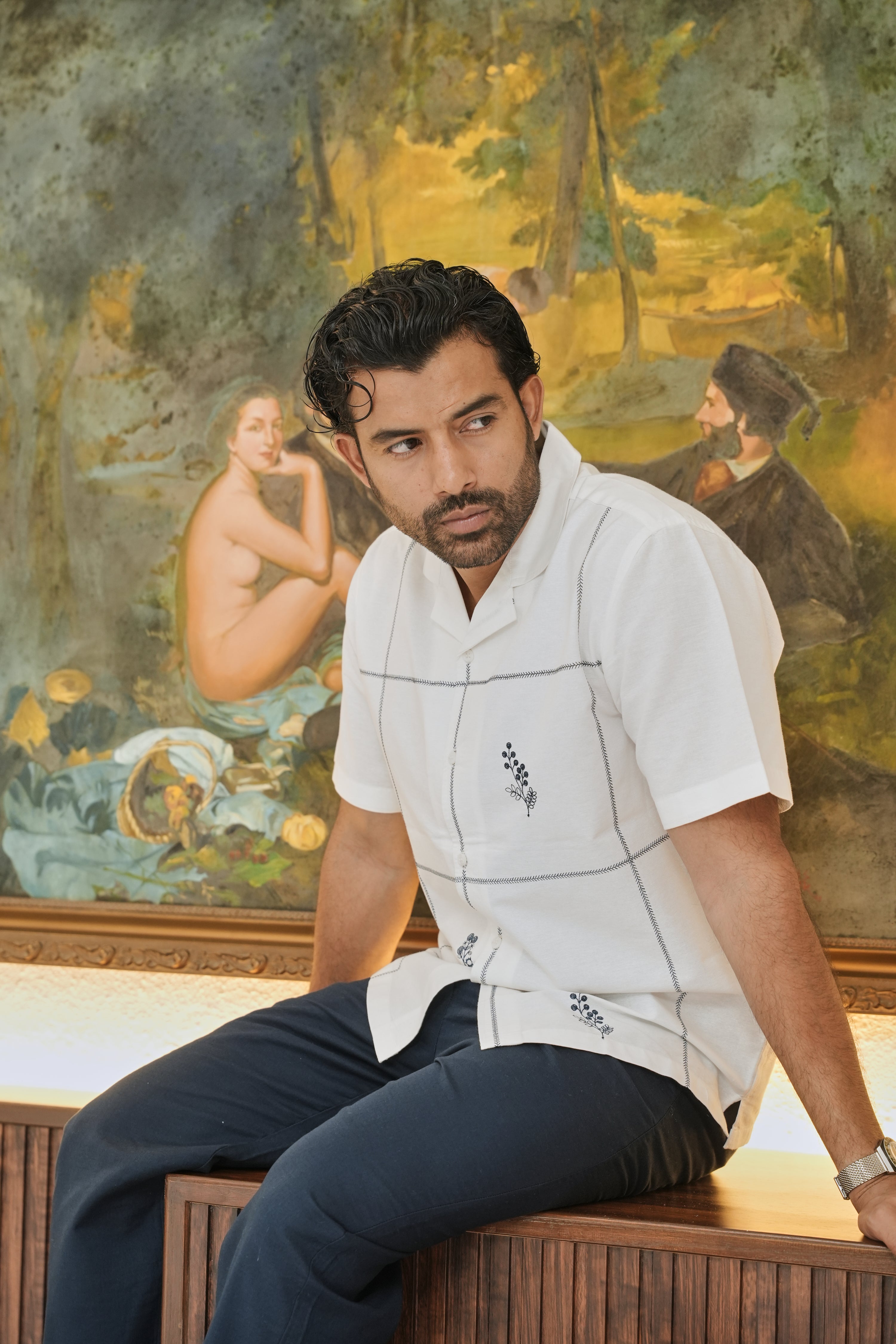 Coastal Grid Embroidered Cuban Shirt