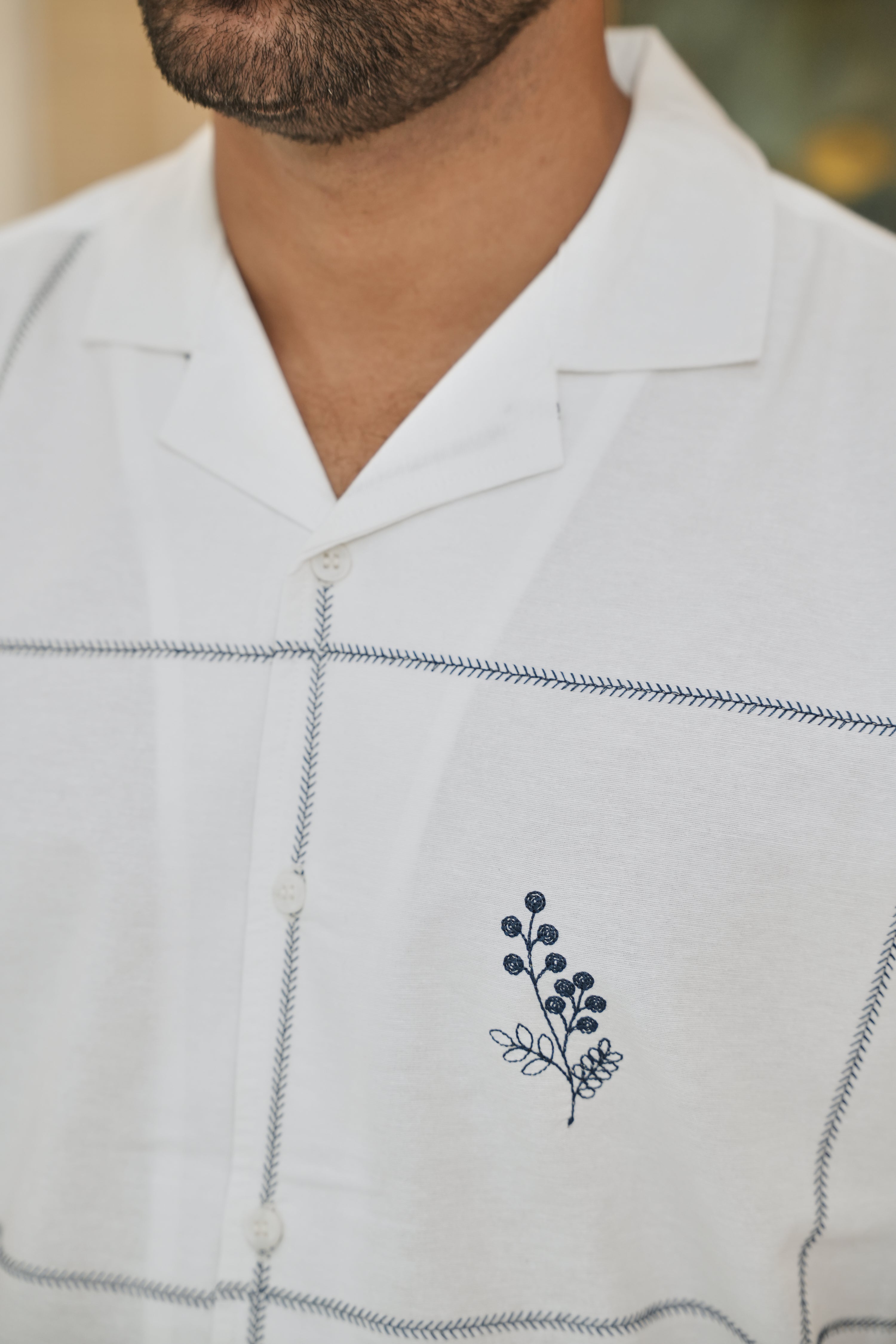 Coastal Grid Embroidered Cuban Shirt