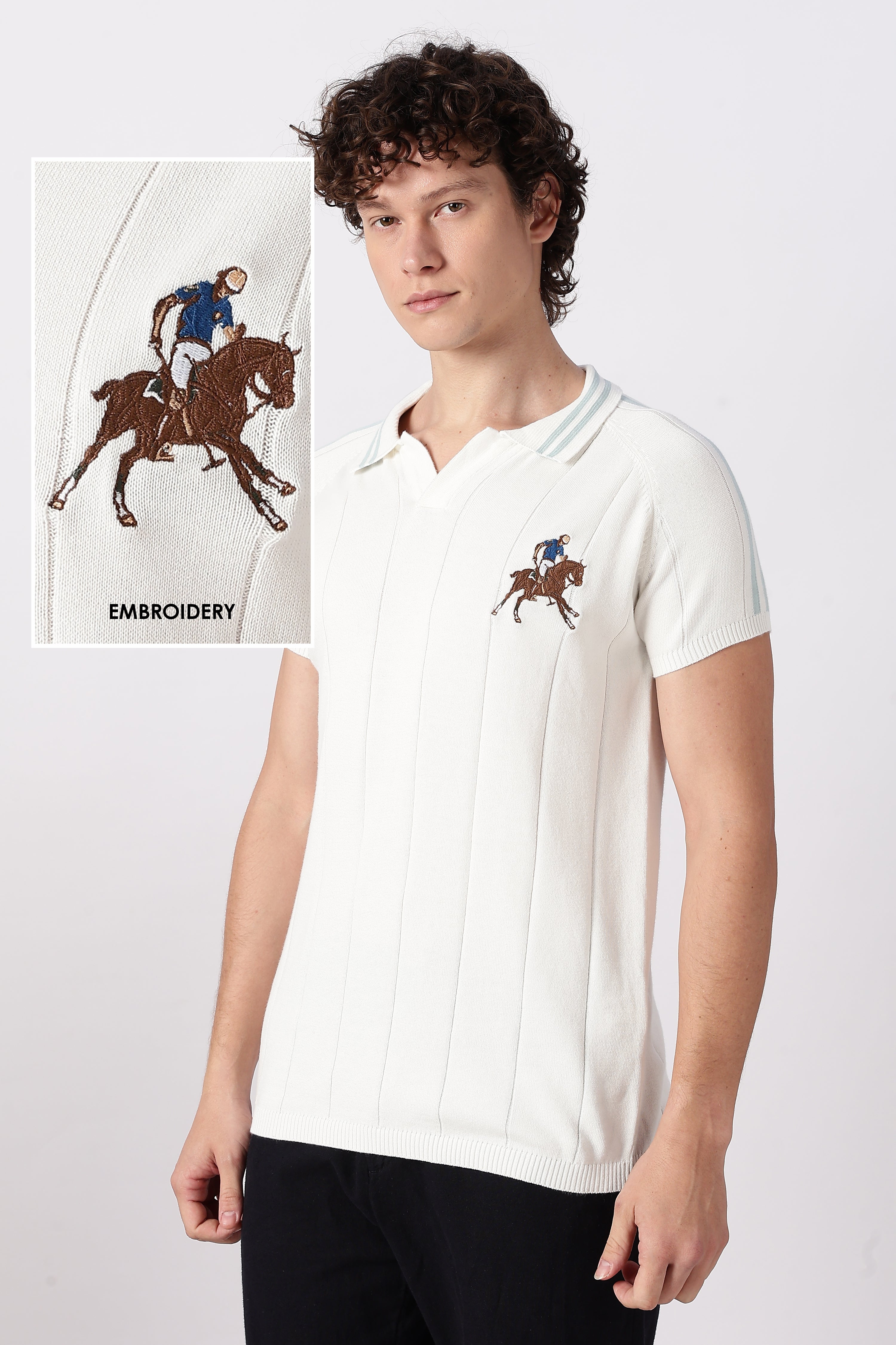 White Equestrian Rider Knit Polo T-shirt