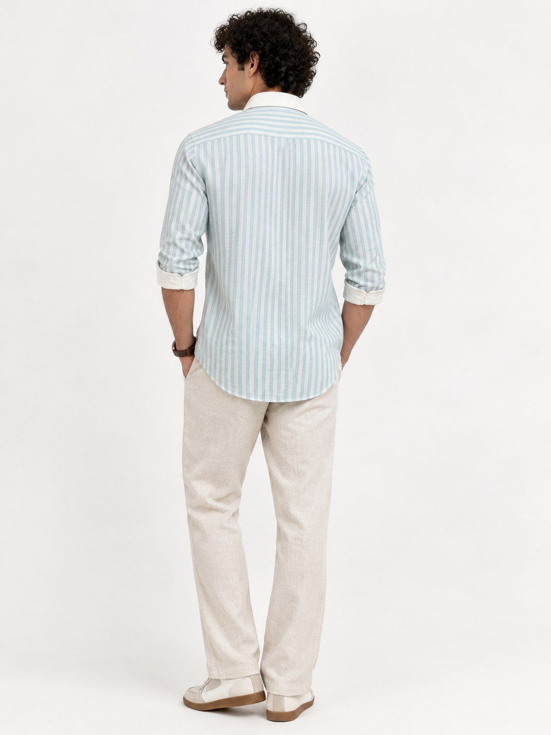 Stag Crest Cotton Regular Fit Sky Blue Striped Embroidered Shirt