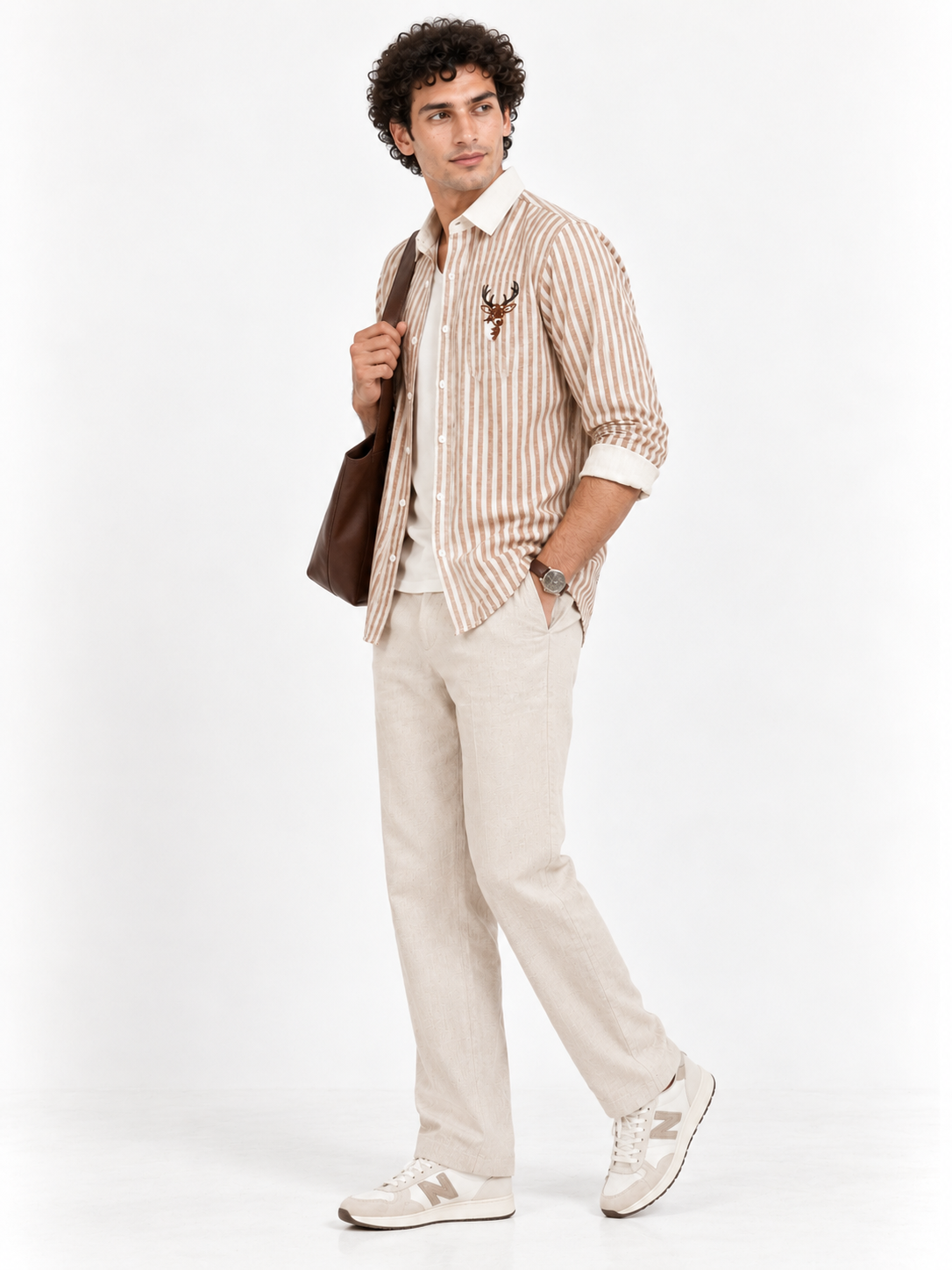 Stag Crest Cotton Regular Fit Brown Striped Embroidered Shirt