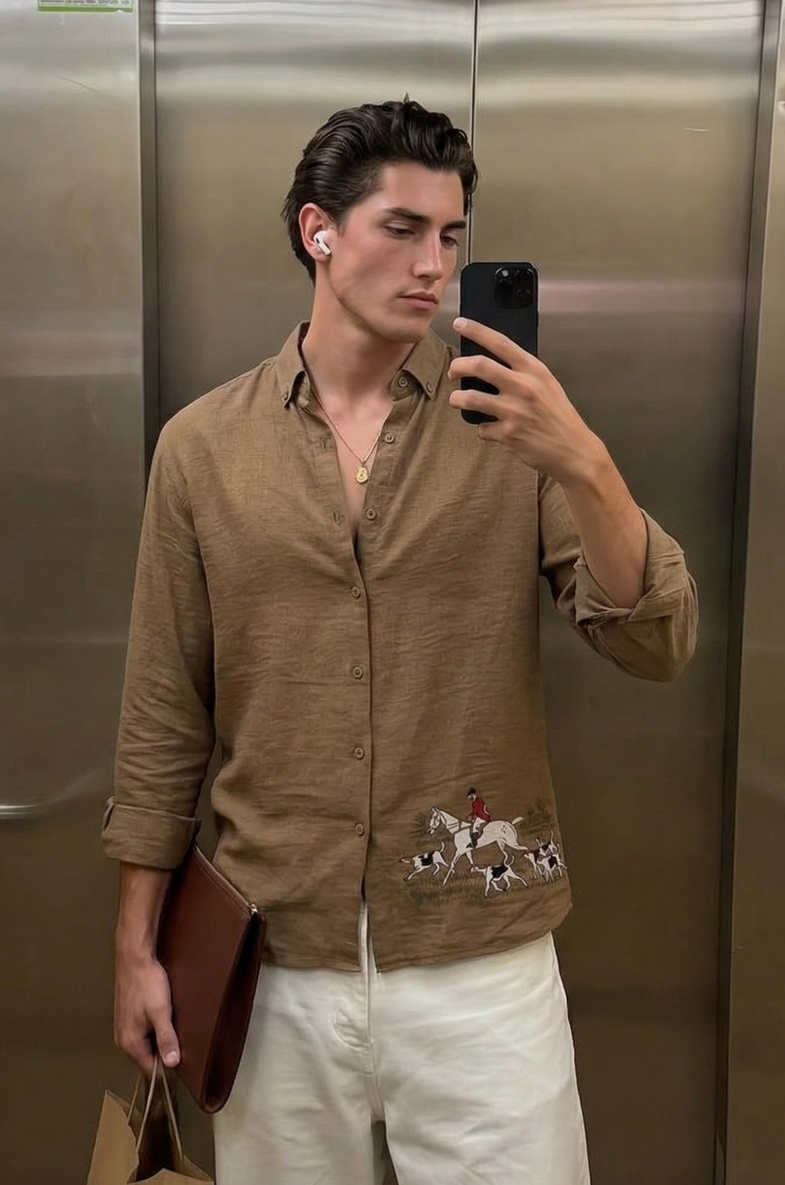 Saddle Equestrian Cotton Regular Fit Brown Embroidered Shirt