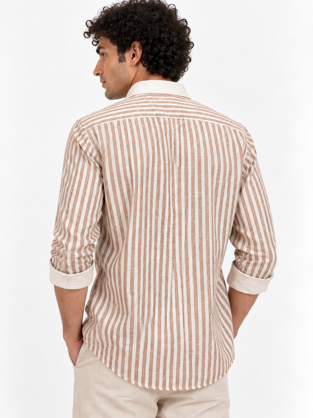 Stag Crest Cotton Regular Fit Brown Striped Embroidered Shirt