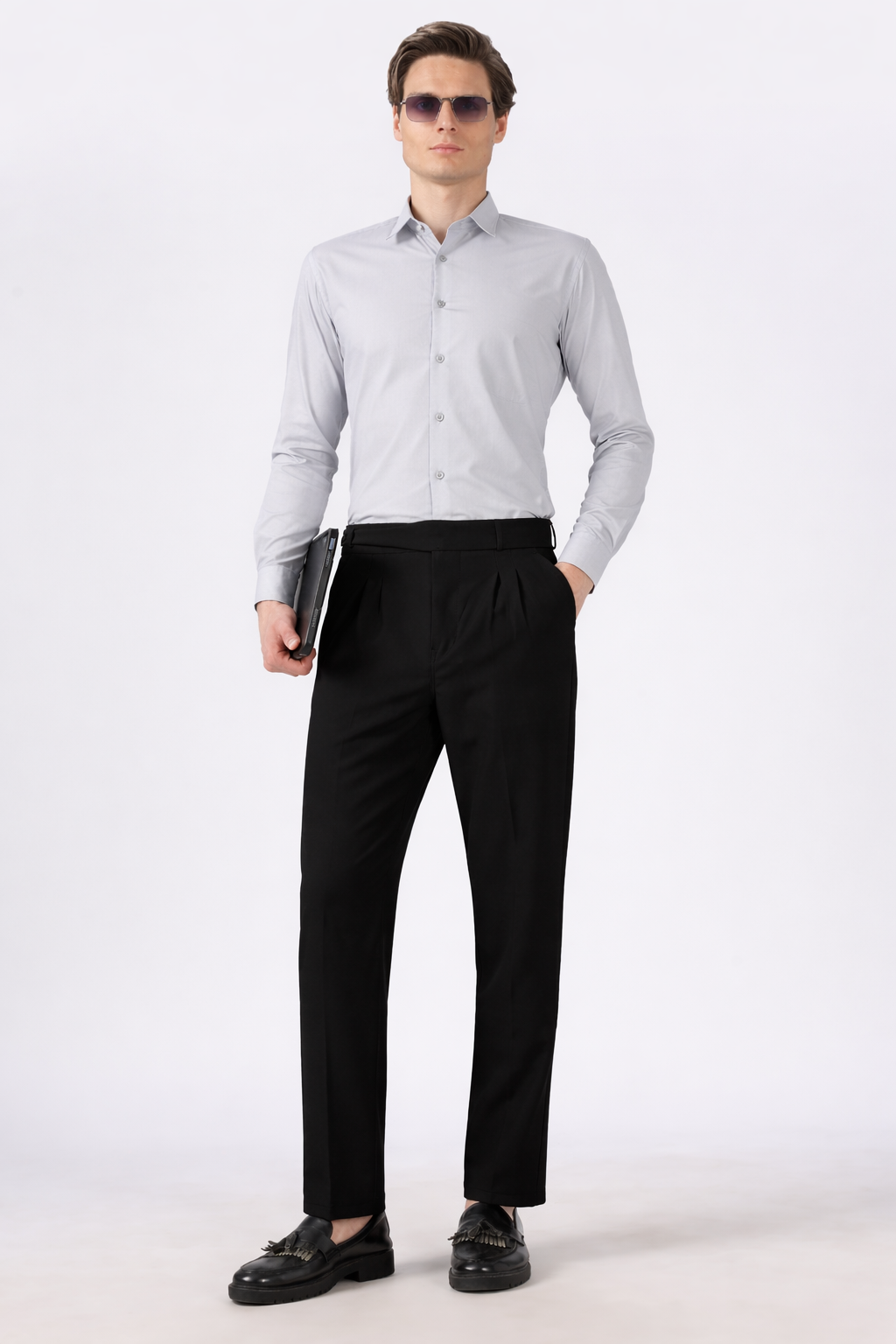 Italian Style Black Pleated Straight Fit Pants