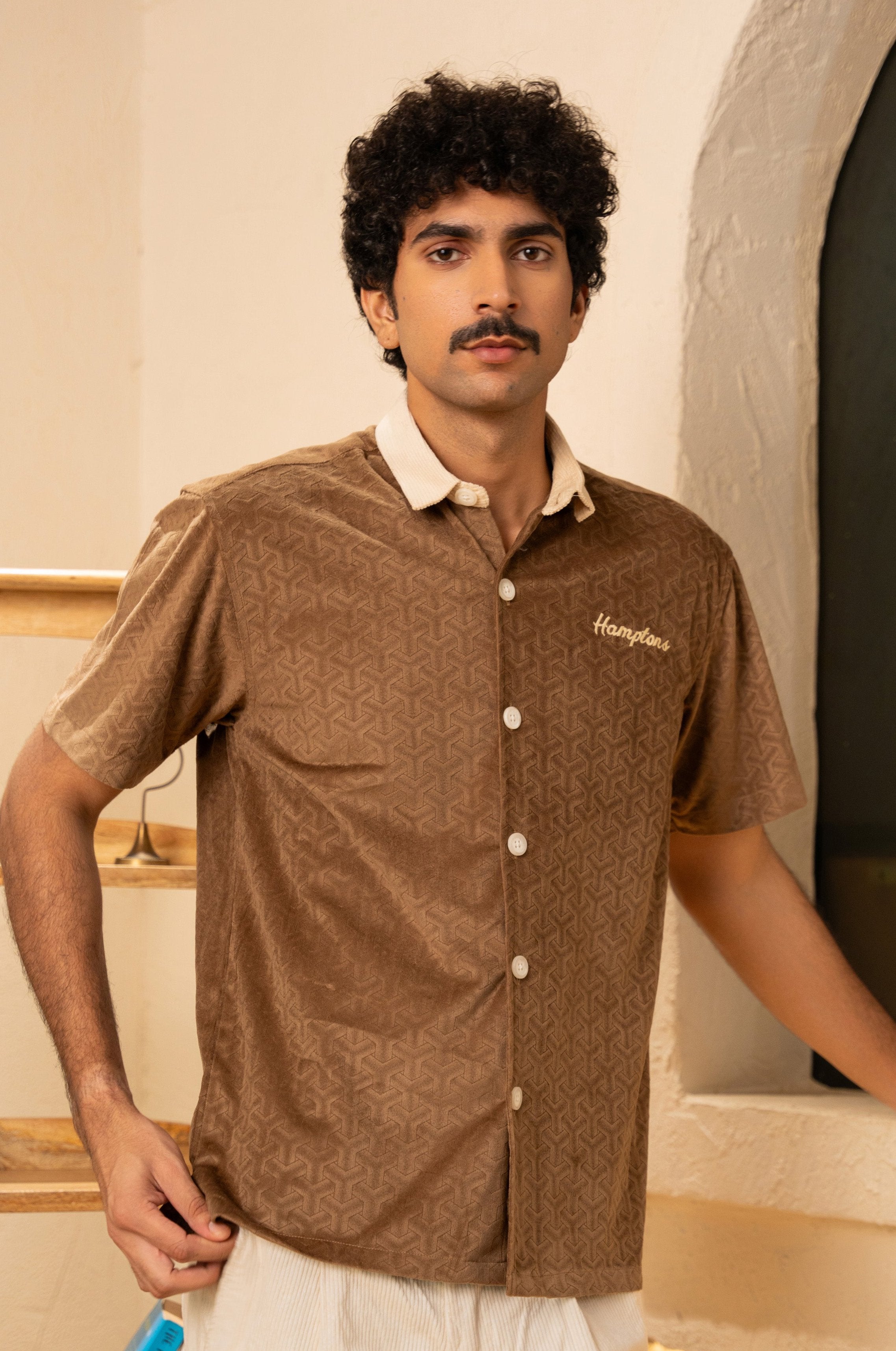 Nairobi Brown Contrast Collar Velvet Finish Shirt