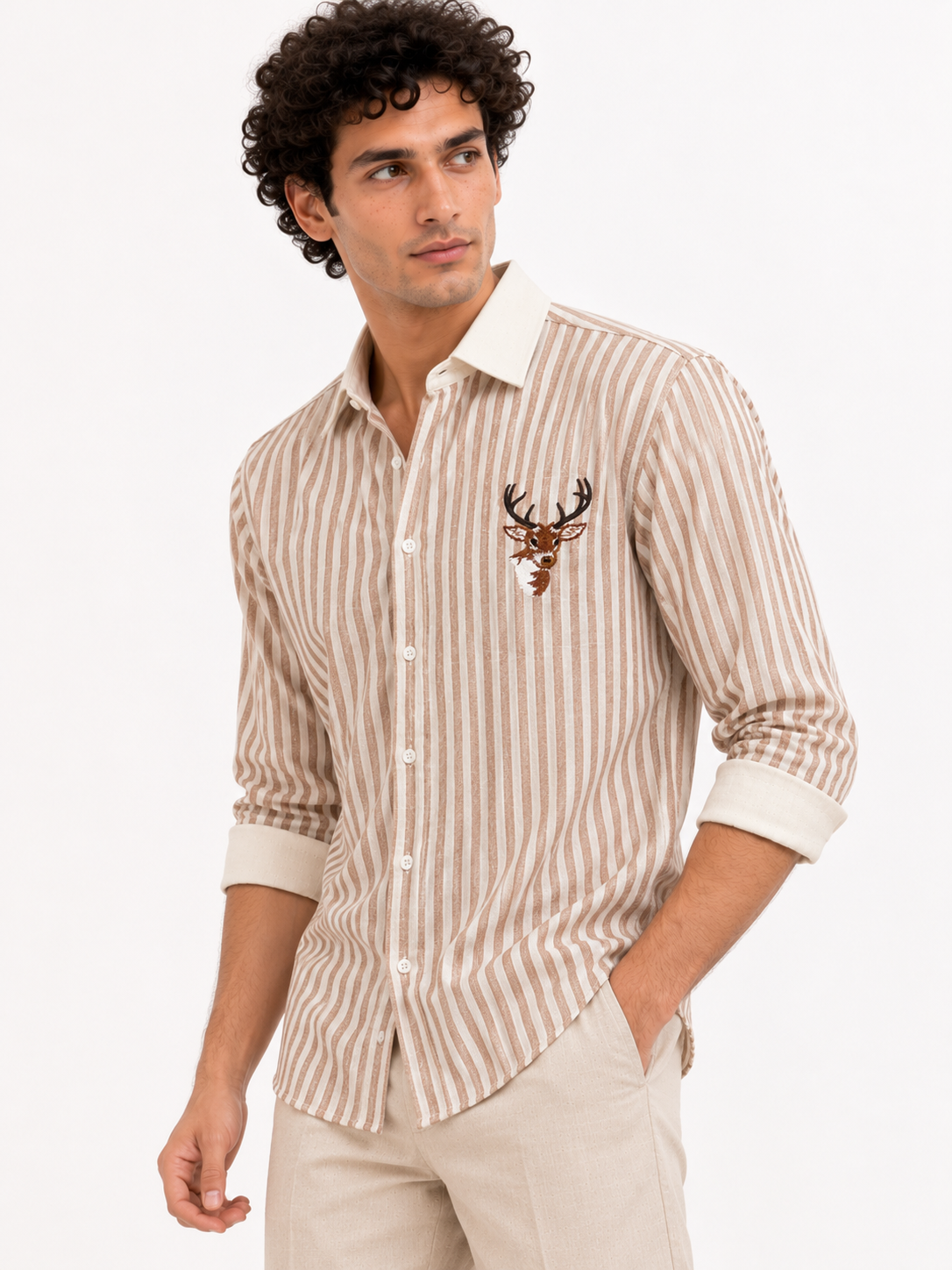 Stag Crest Cotton Regular Fit Brown Striped Embroidered Shirt