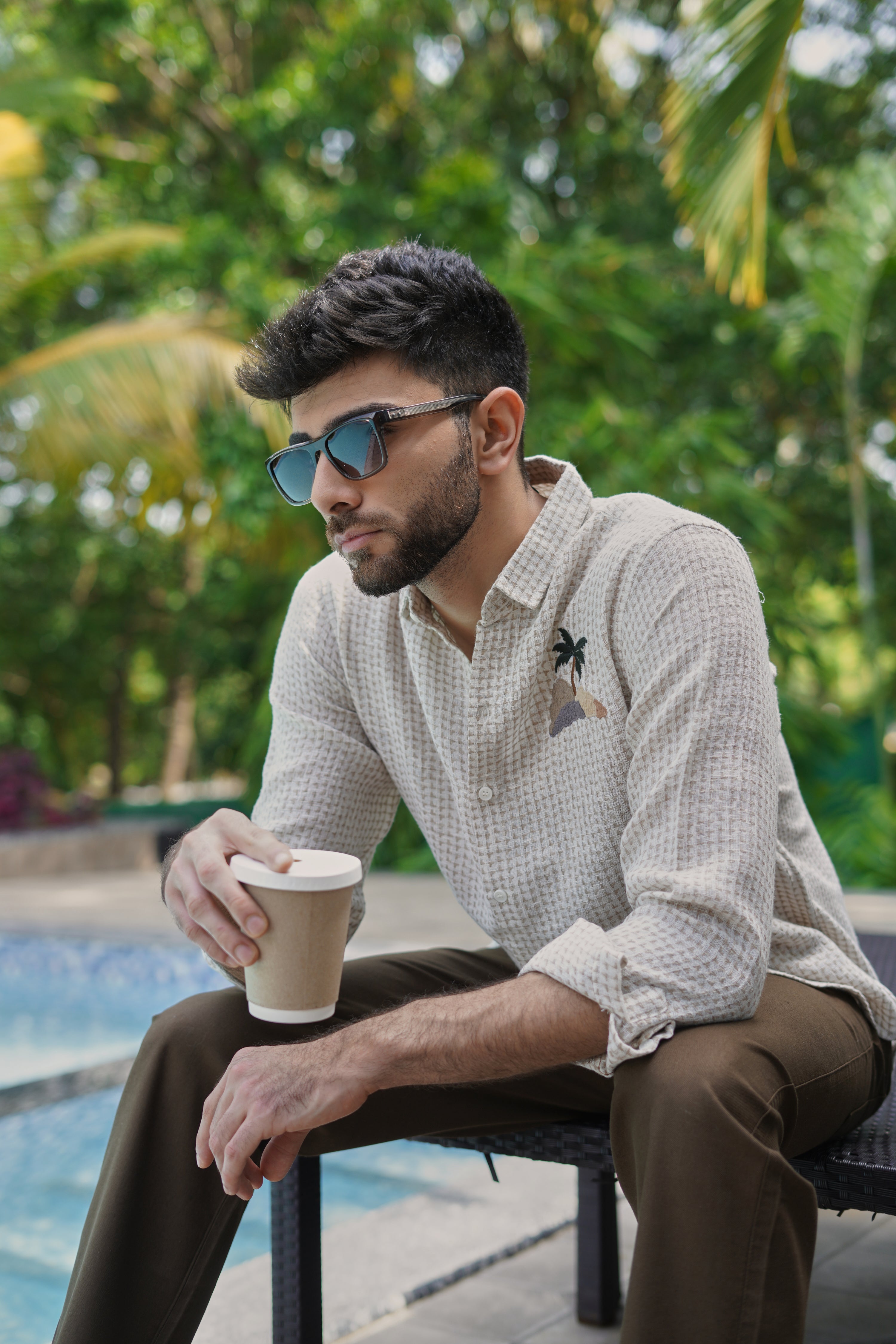 Island Escape Waffle Textured Palm Embroidery Shirt