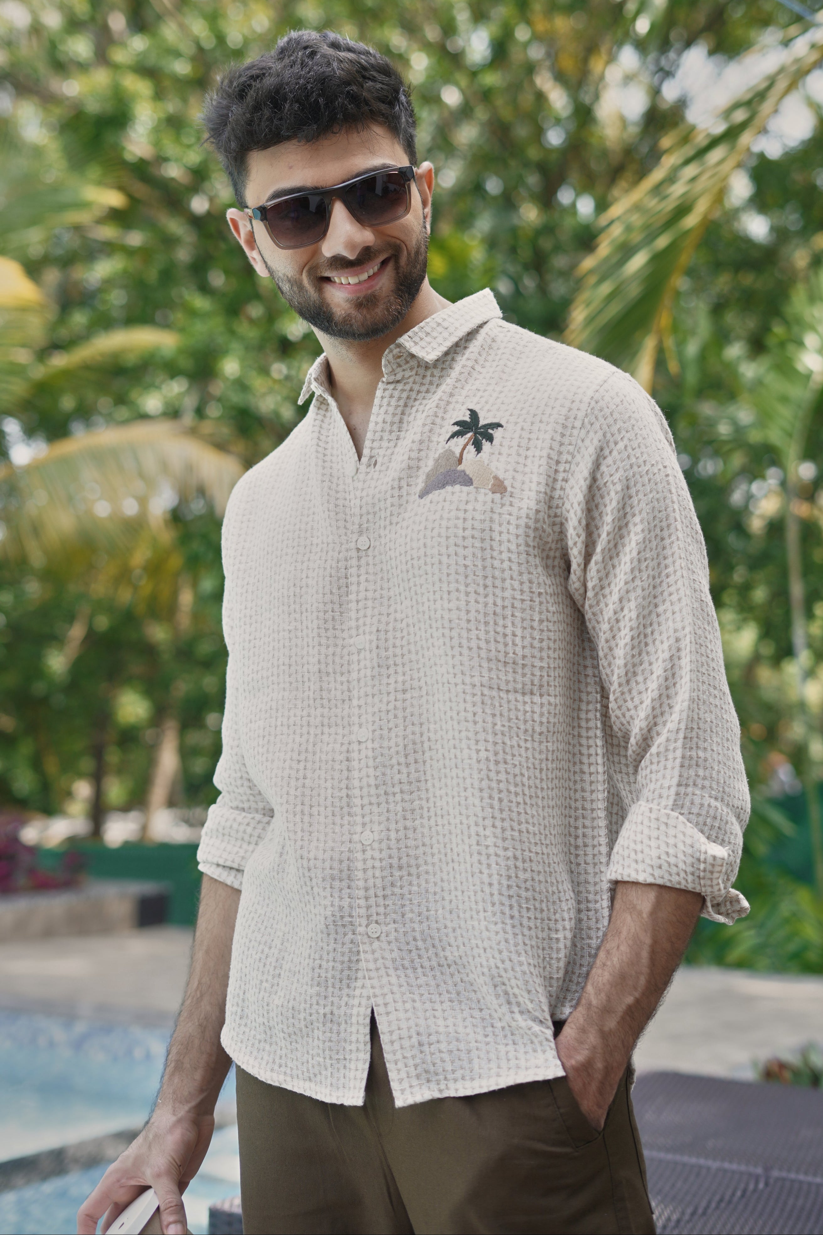 Island Escape Waffle Textured Palm Embroidery Shirt