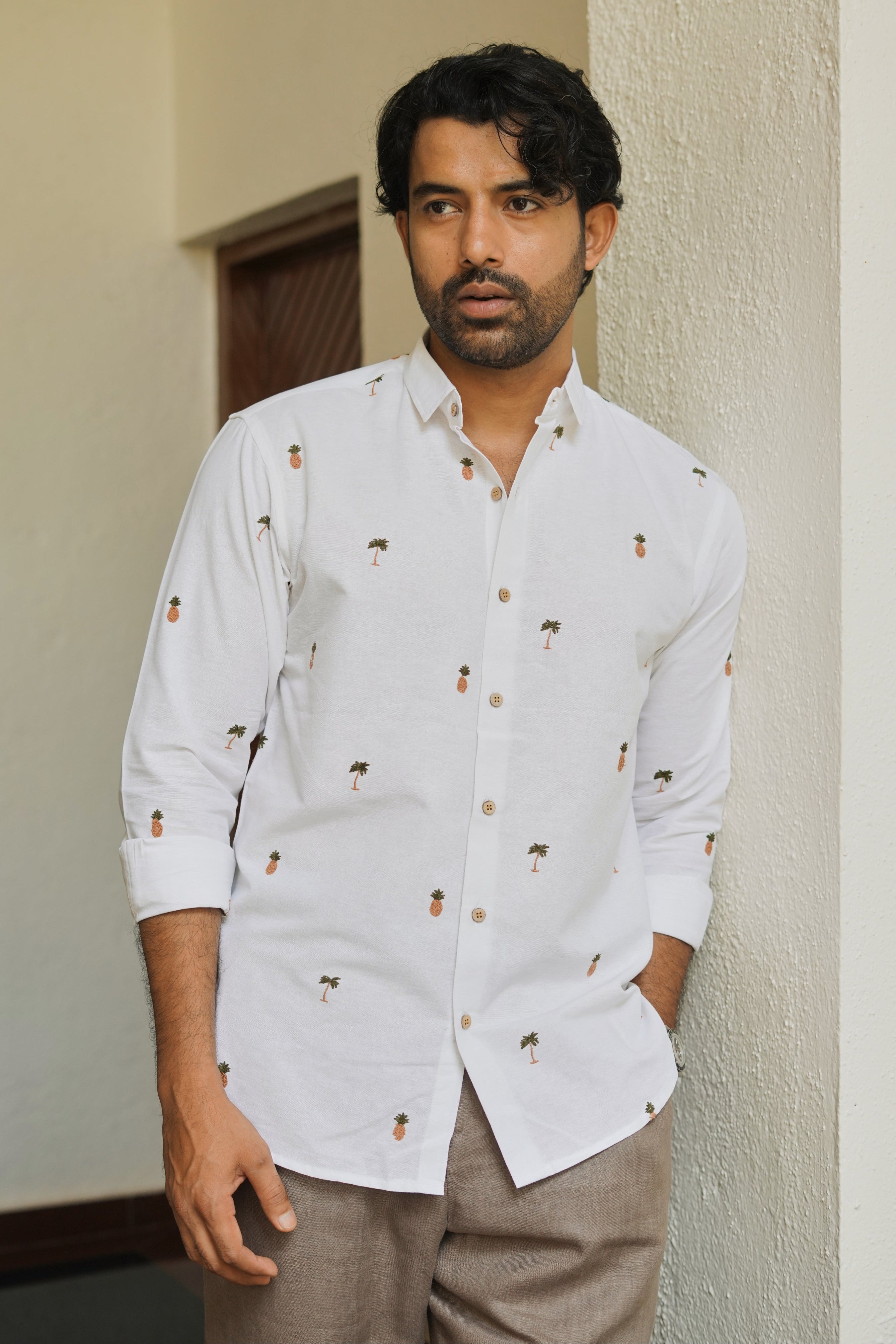 Tropic Grove White Embroidered Shirt