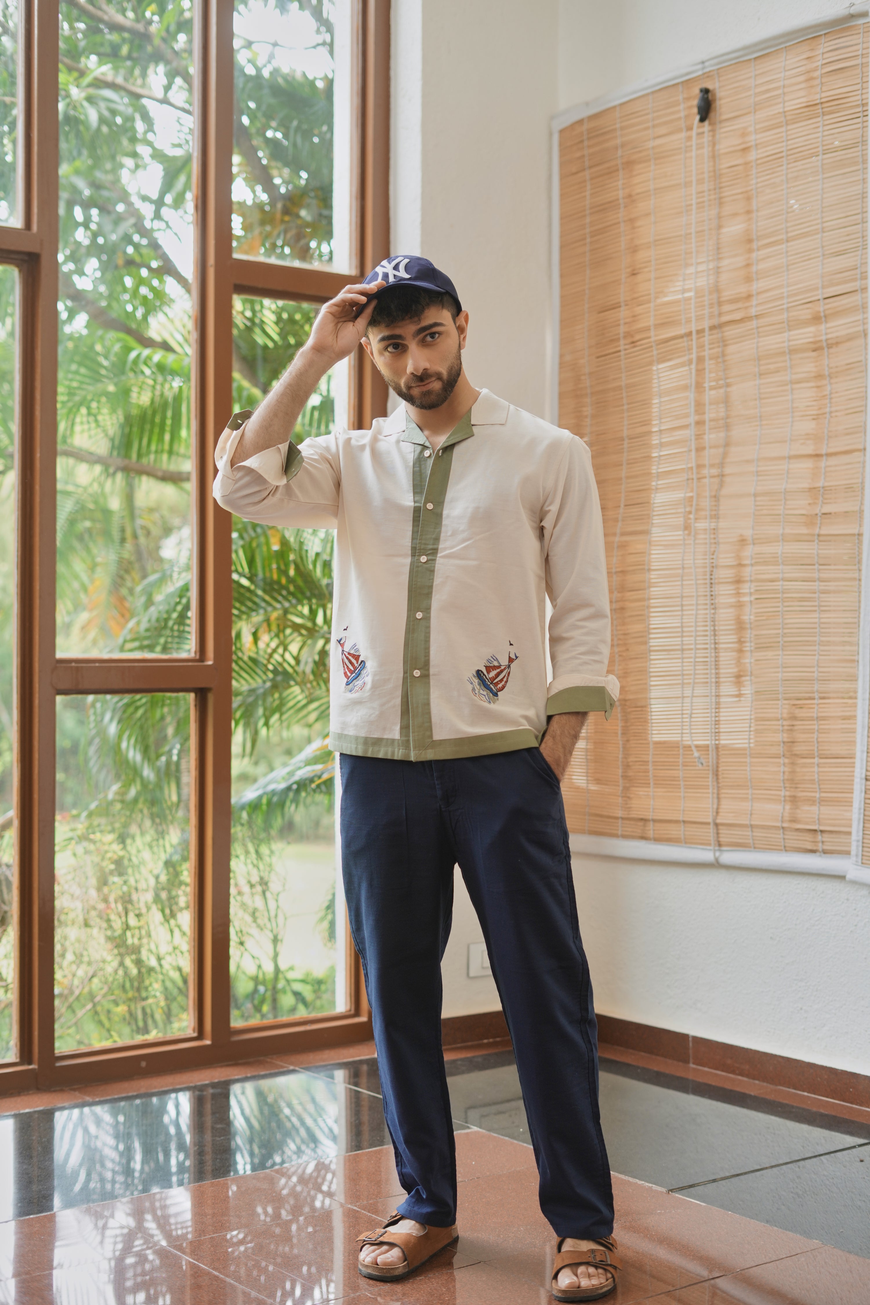 Seaside Sails Cotton Box Fit Cream Embroidered Shirt