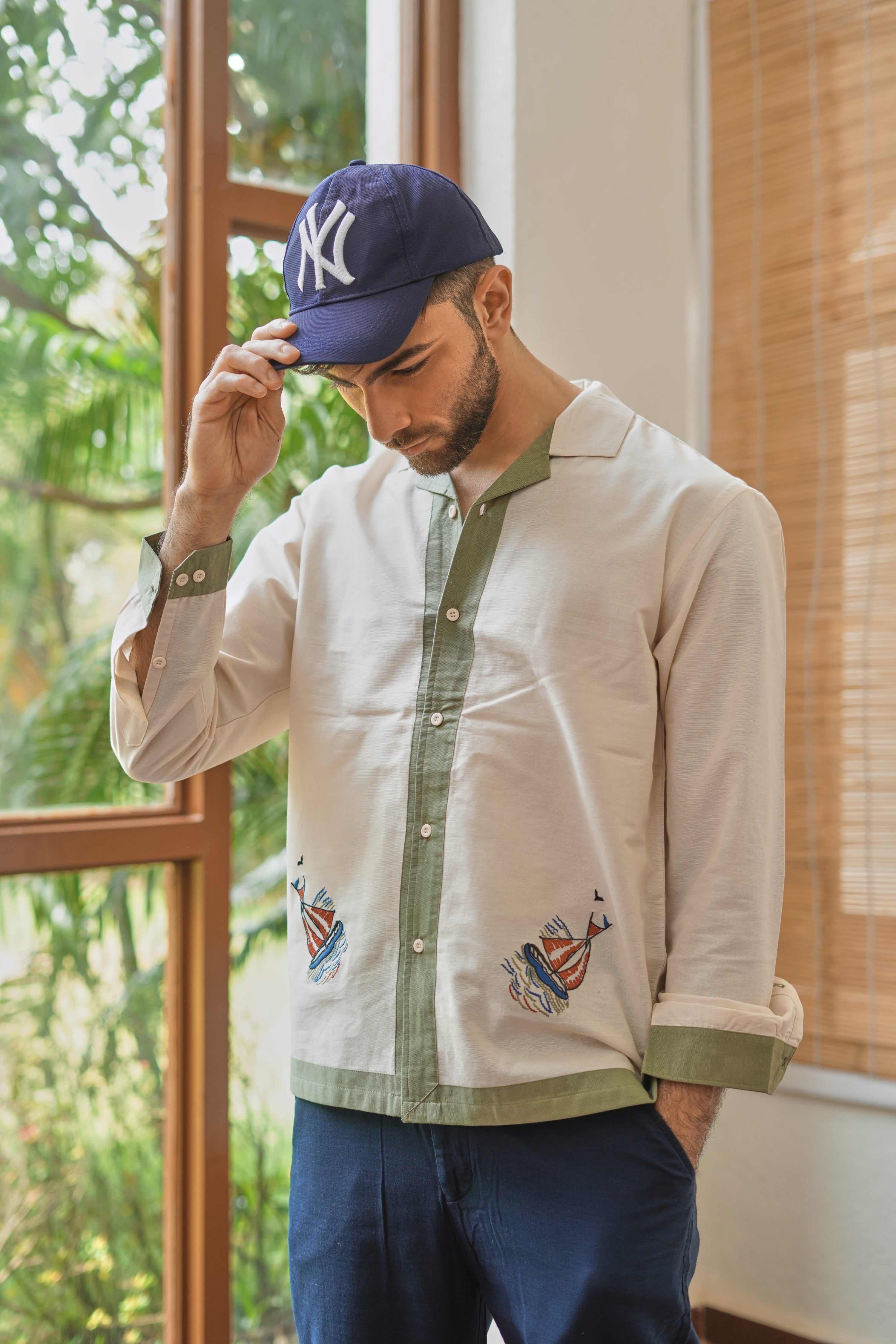 Seaside Sails Cotton Box Fit Cream Embroidered Shirt