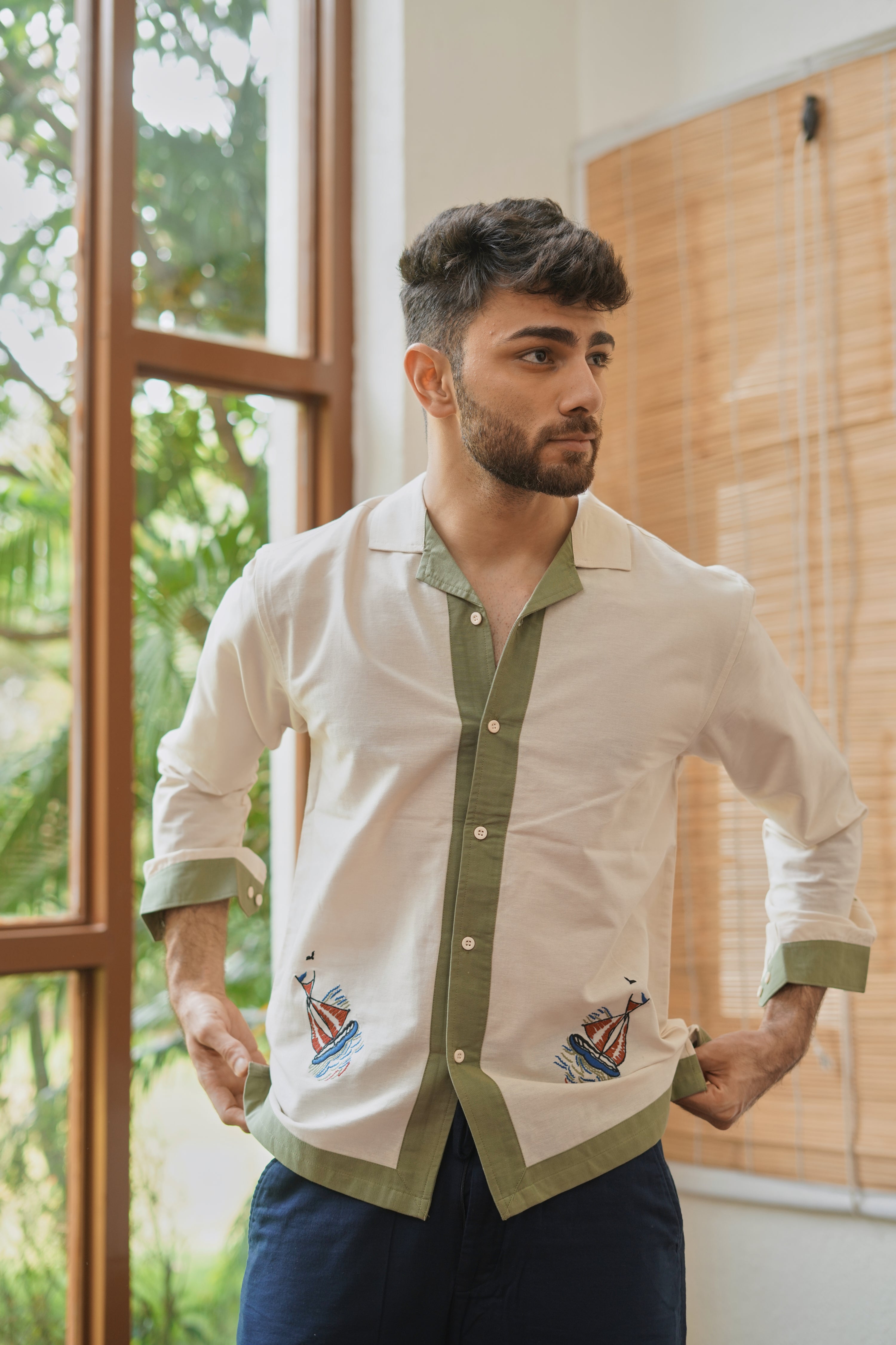 Seaside Sails Cotton Box Fit Cream Embroidered Shirt