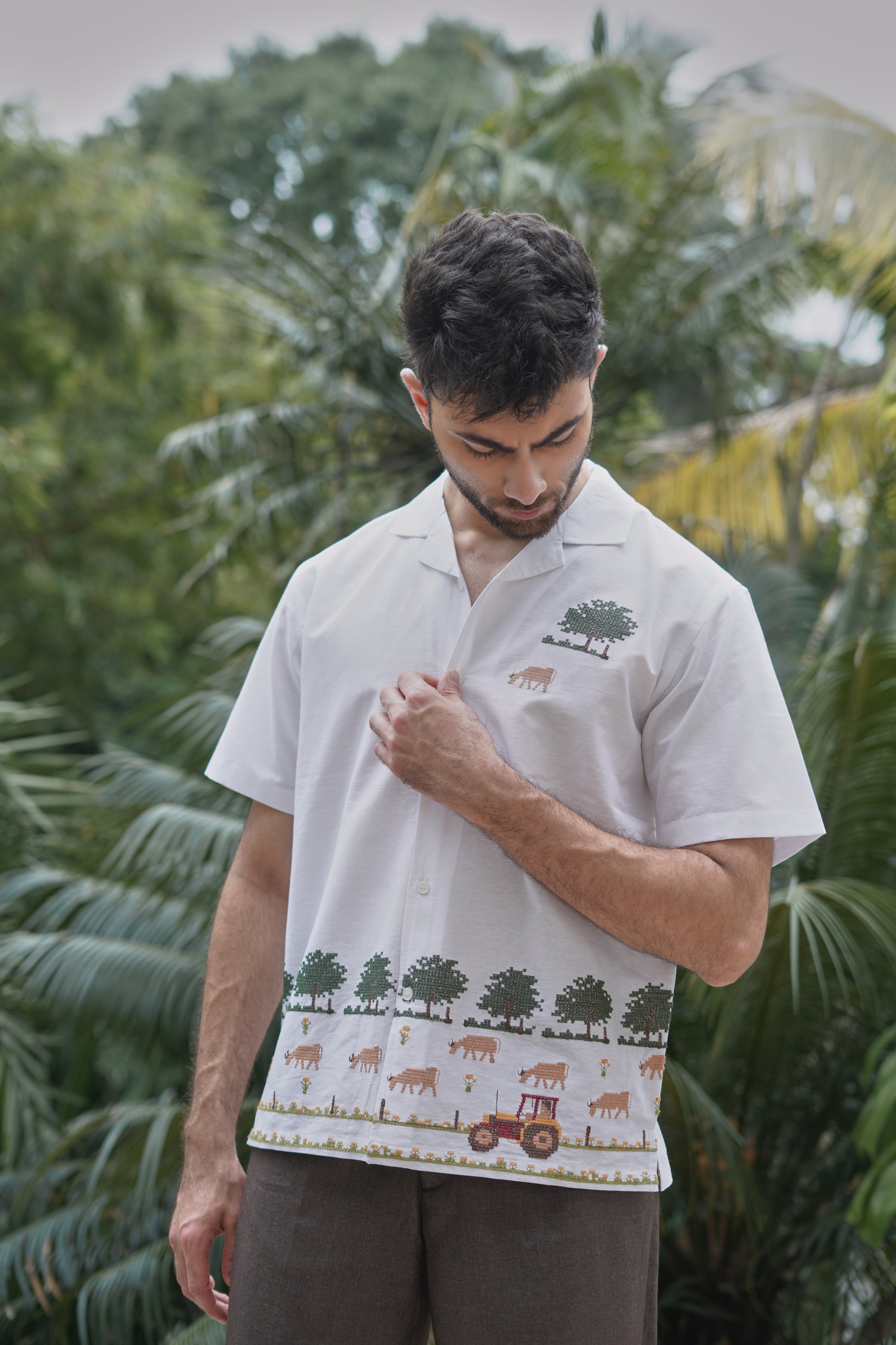 Countryside Farm Story Cotton Box Fit White Embroidered  Shirt