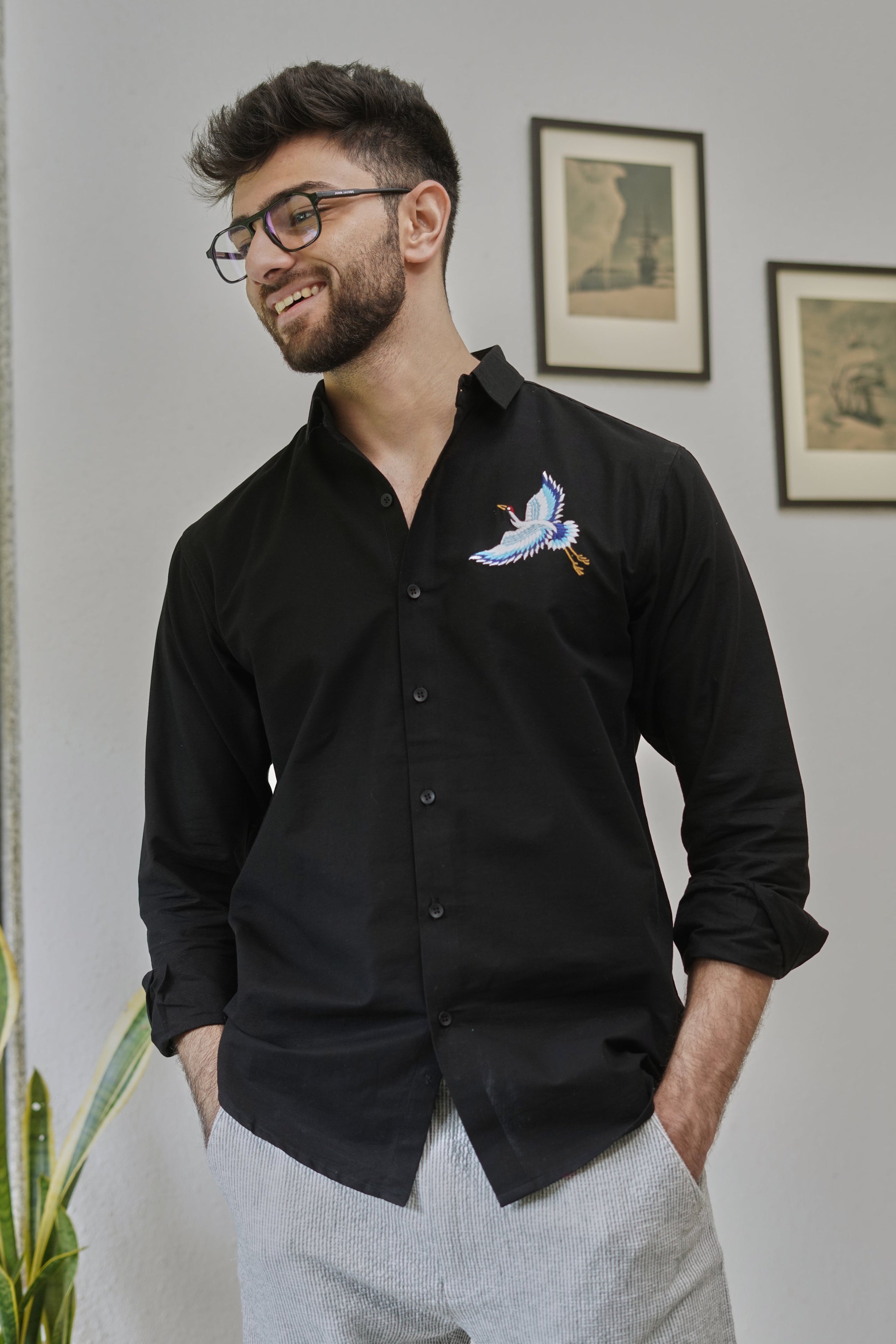 Flight of Heron Black Embroidered Shirt