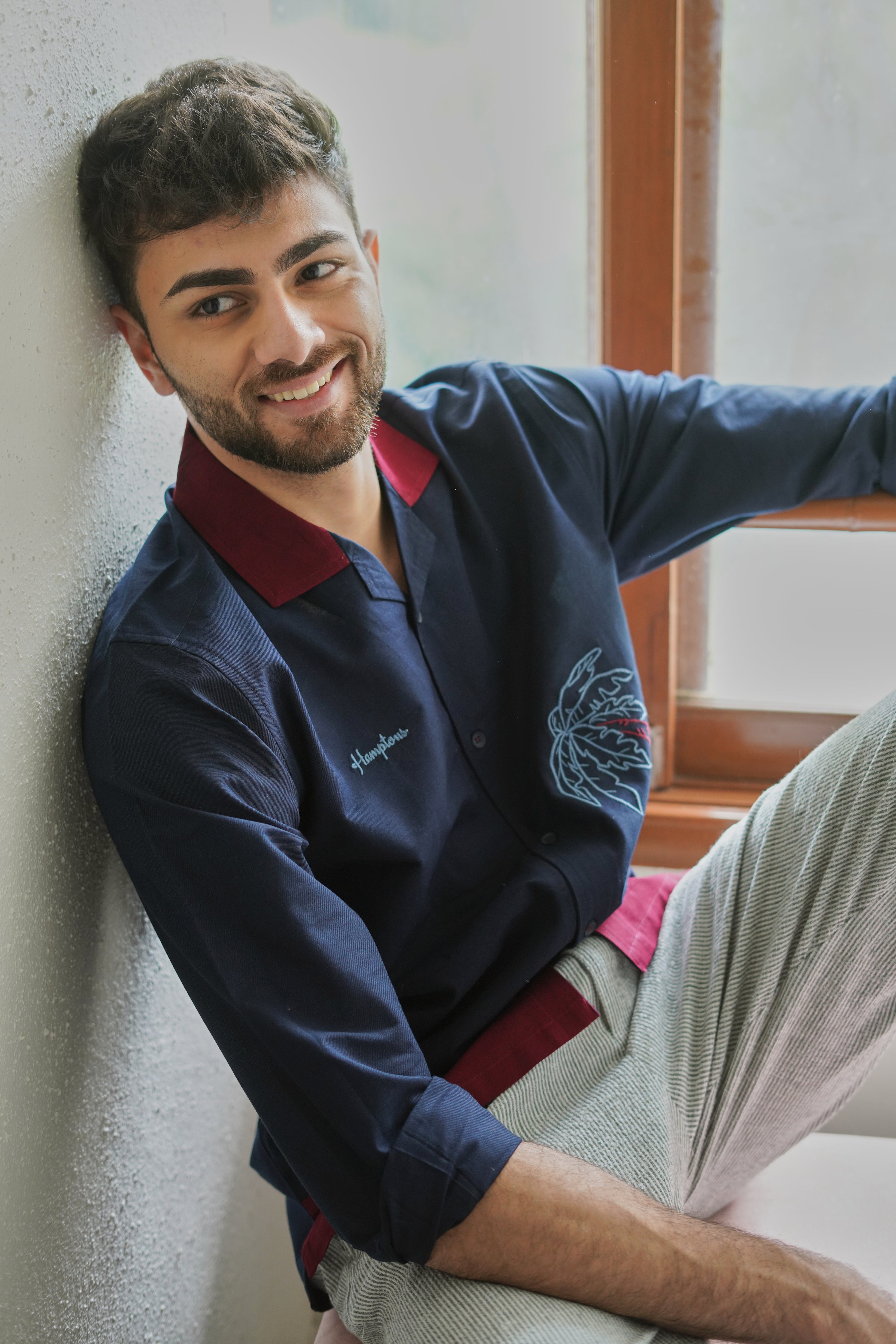 Midnight in Majorda Embroidered Palm Shirt with Wine Collar