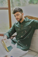 Golf Player Motif Cotton Regular Fit Green Embroidered Shirt