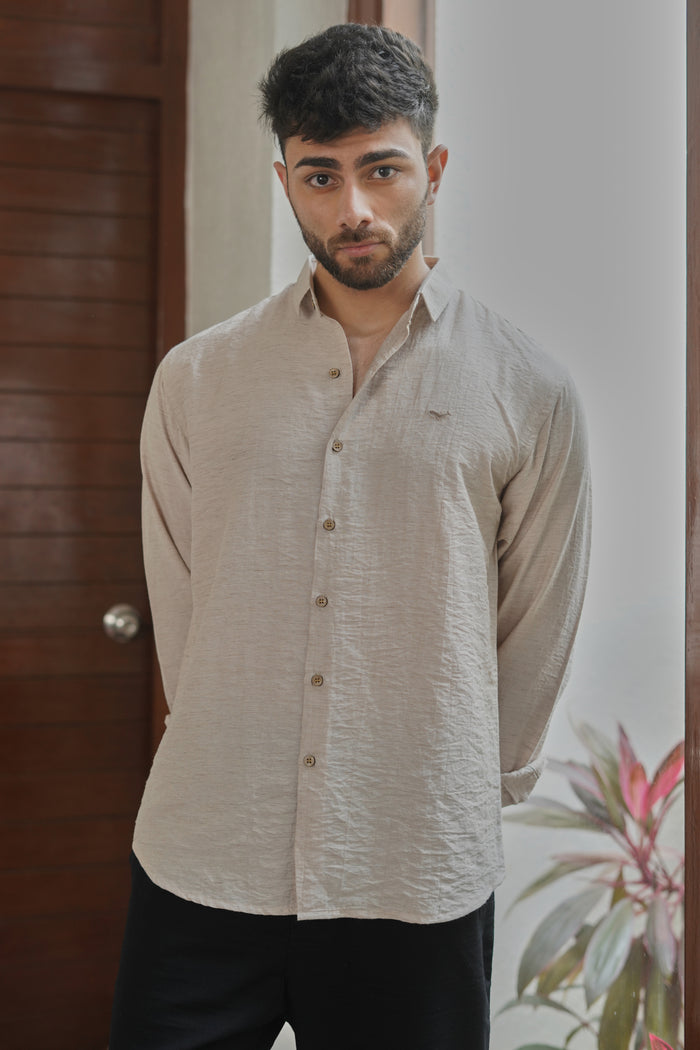 Pebble Wrinkle-Free Nylon-Viscose Regular Fit Beige Shirt