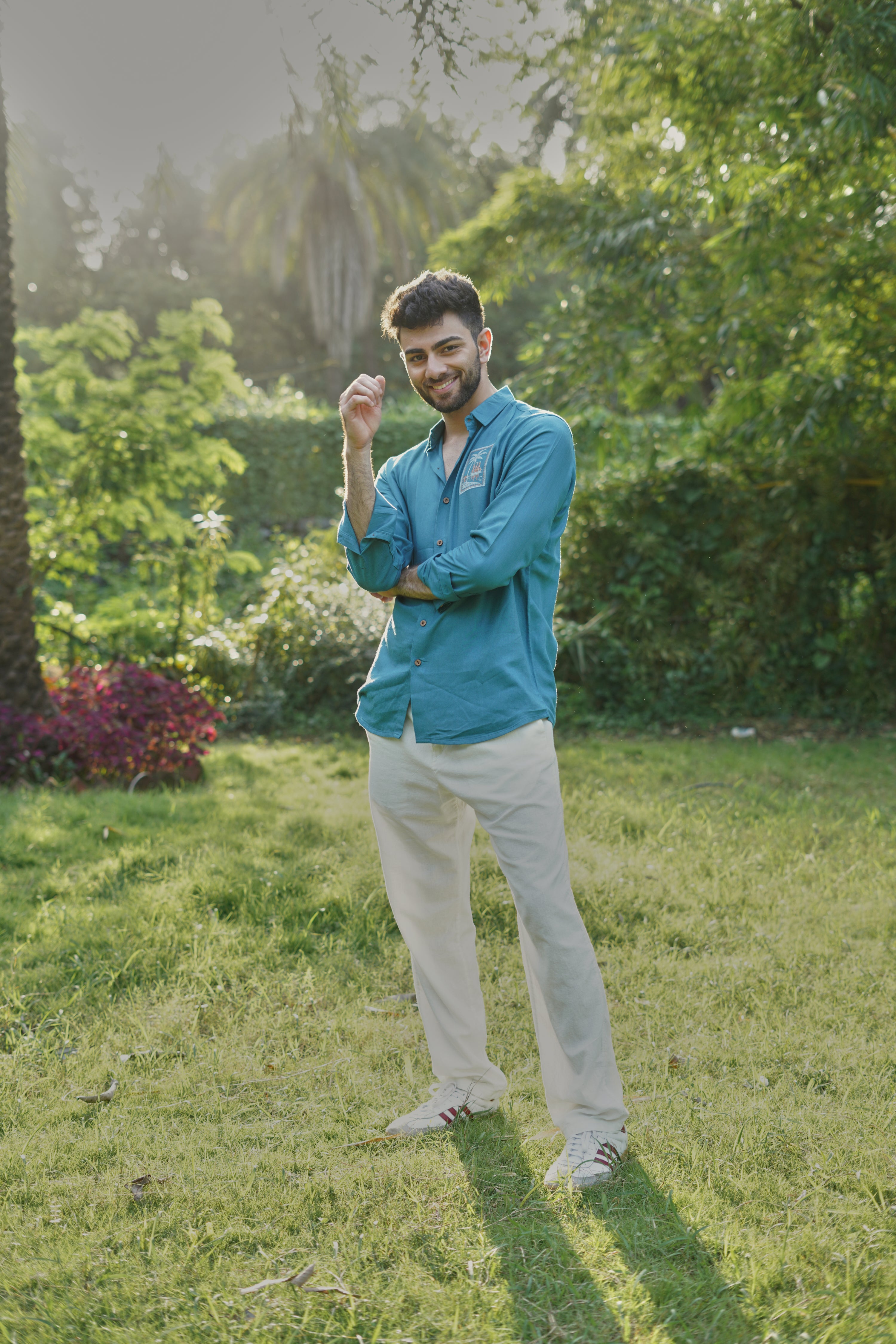 Teal Coastal Emblem Embroidered Cotton Shirt