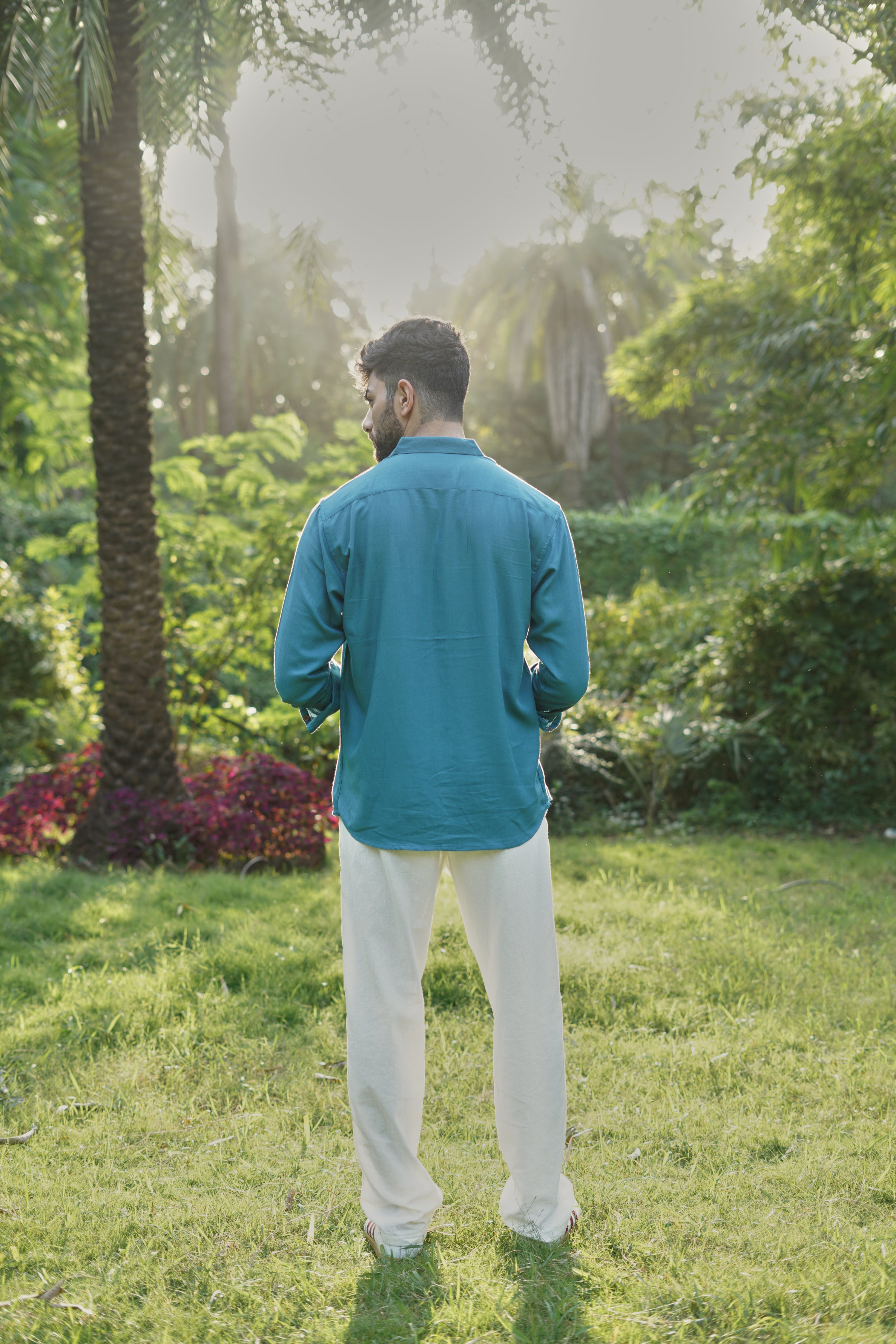 Teal Coastal Emblem Embroidered Cotton Shirt
