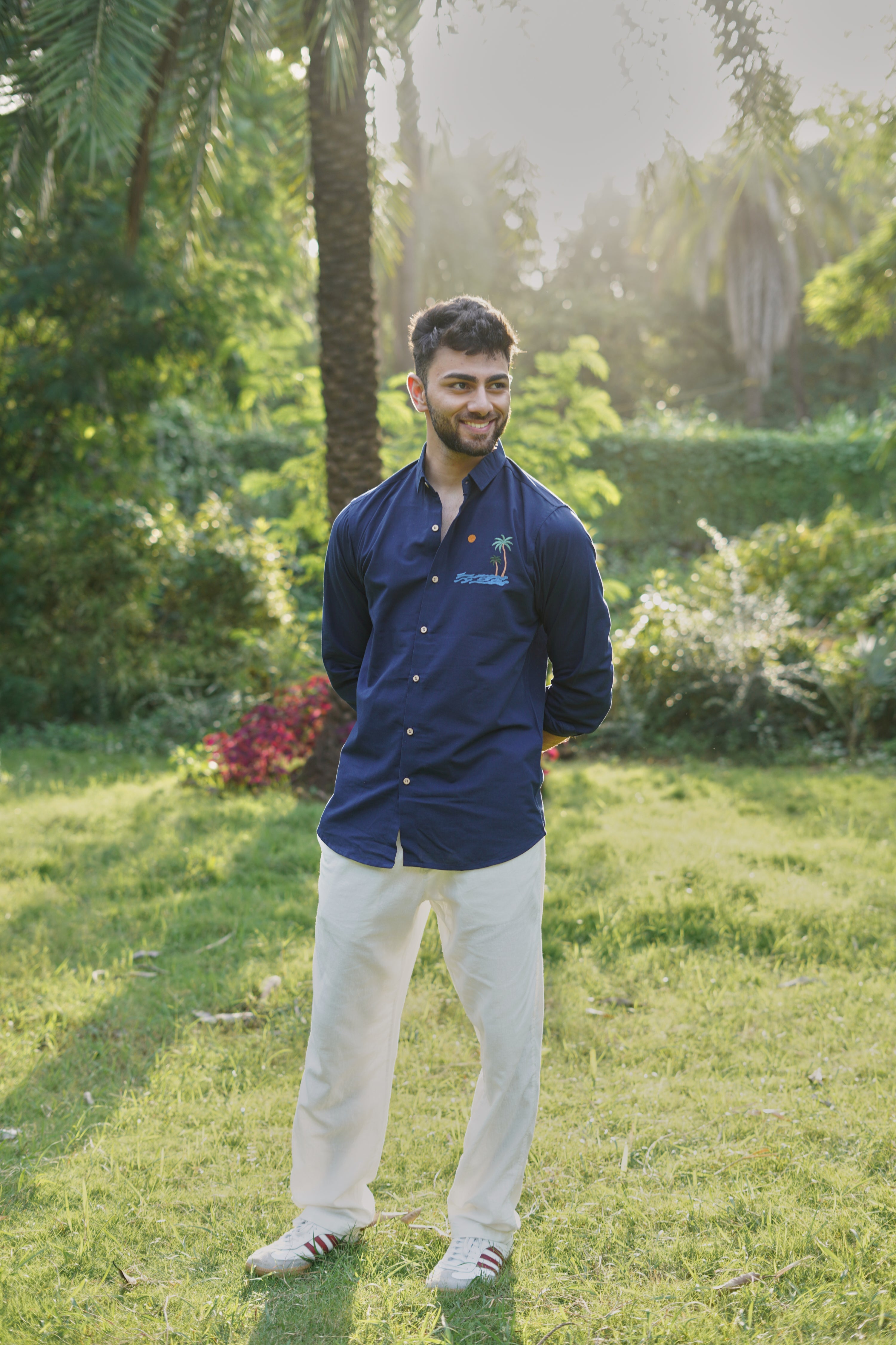 "Tides & Palms" Embroidered Navy Shirt