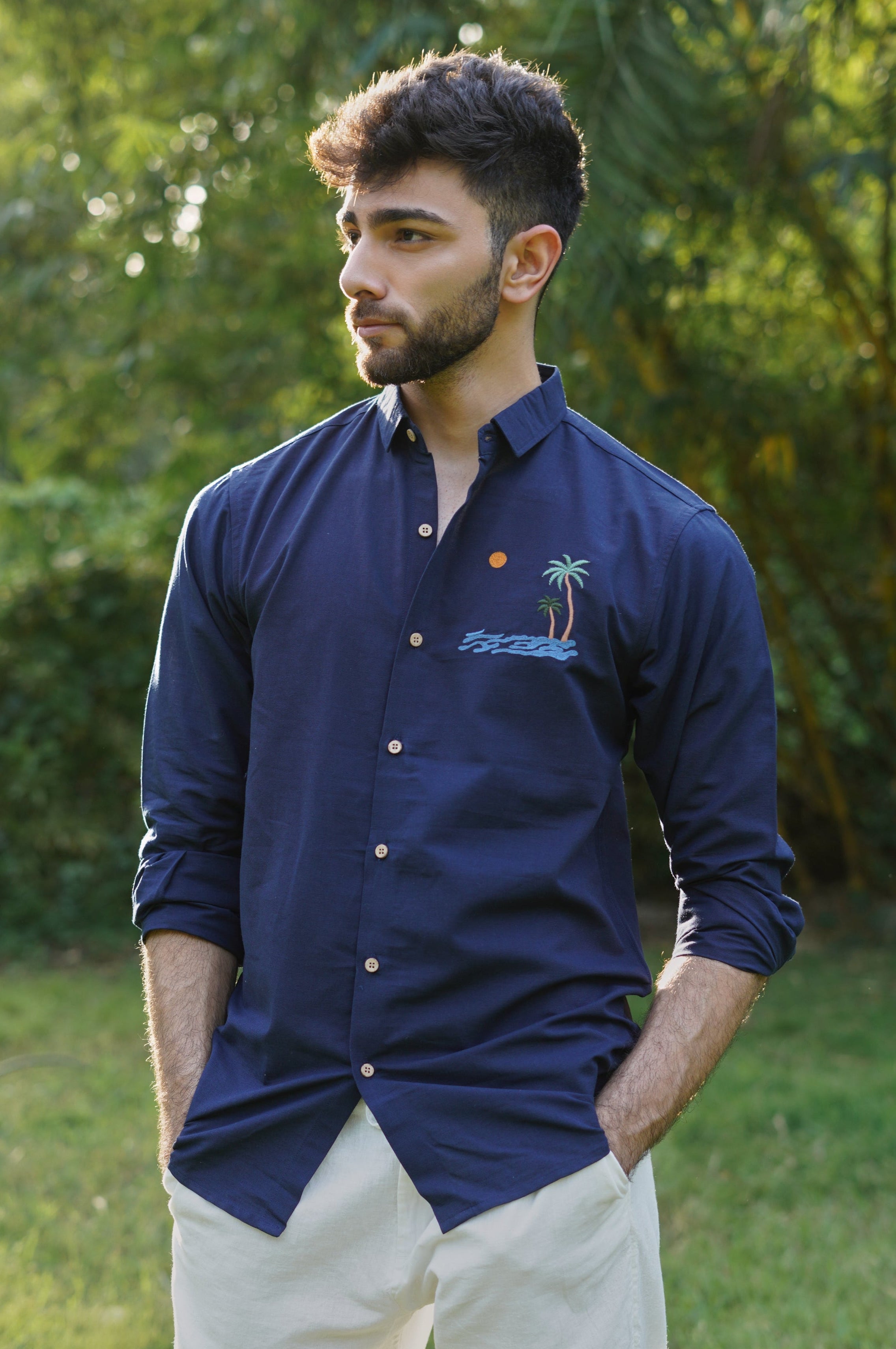 "Tides & Palms" Embroidered Navy Shirt