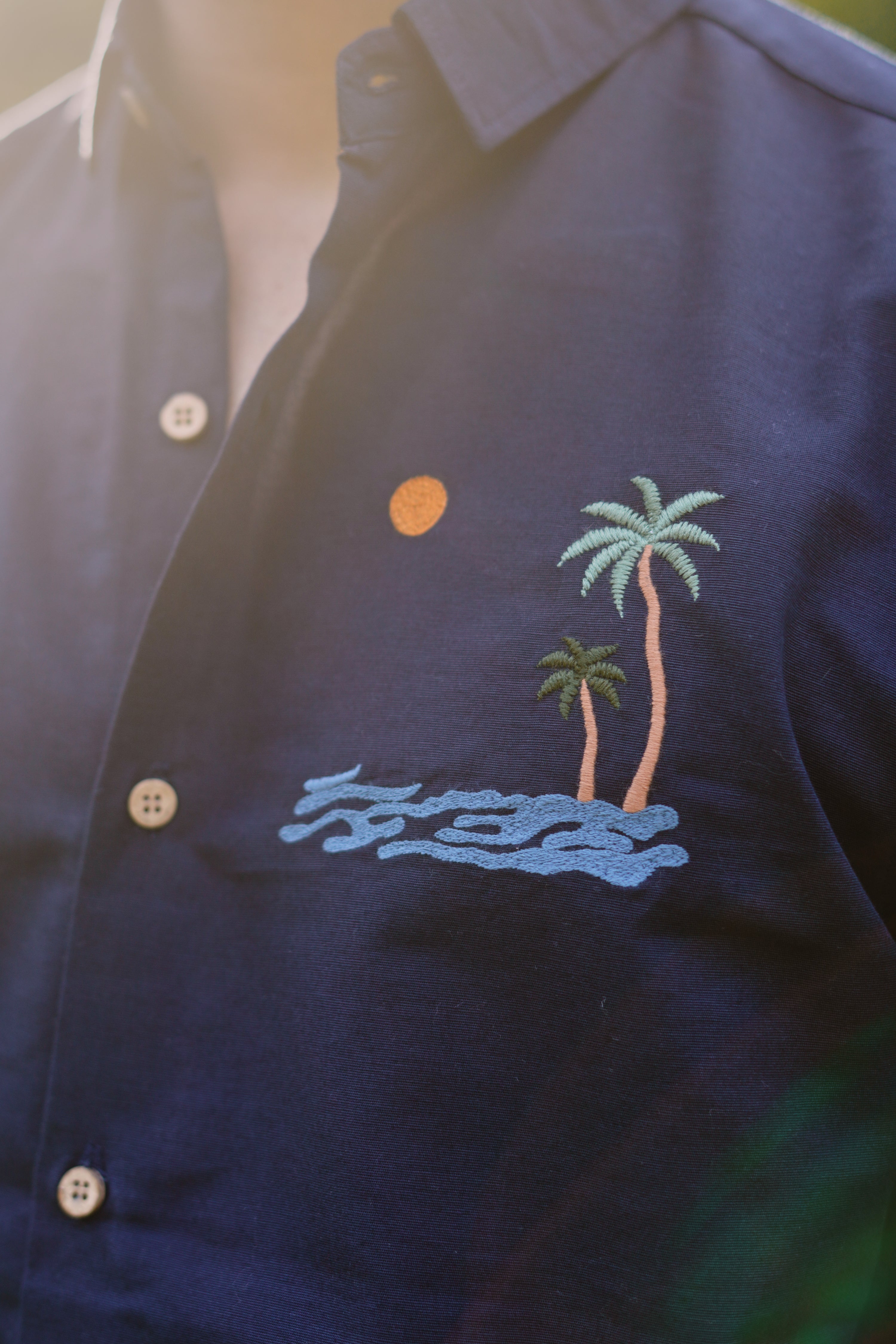 "Tides & Palms" Embroidered Navy Shirt