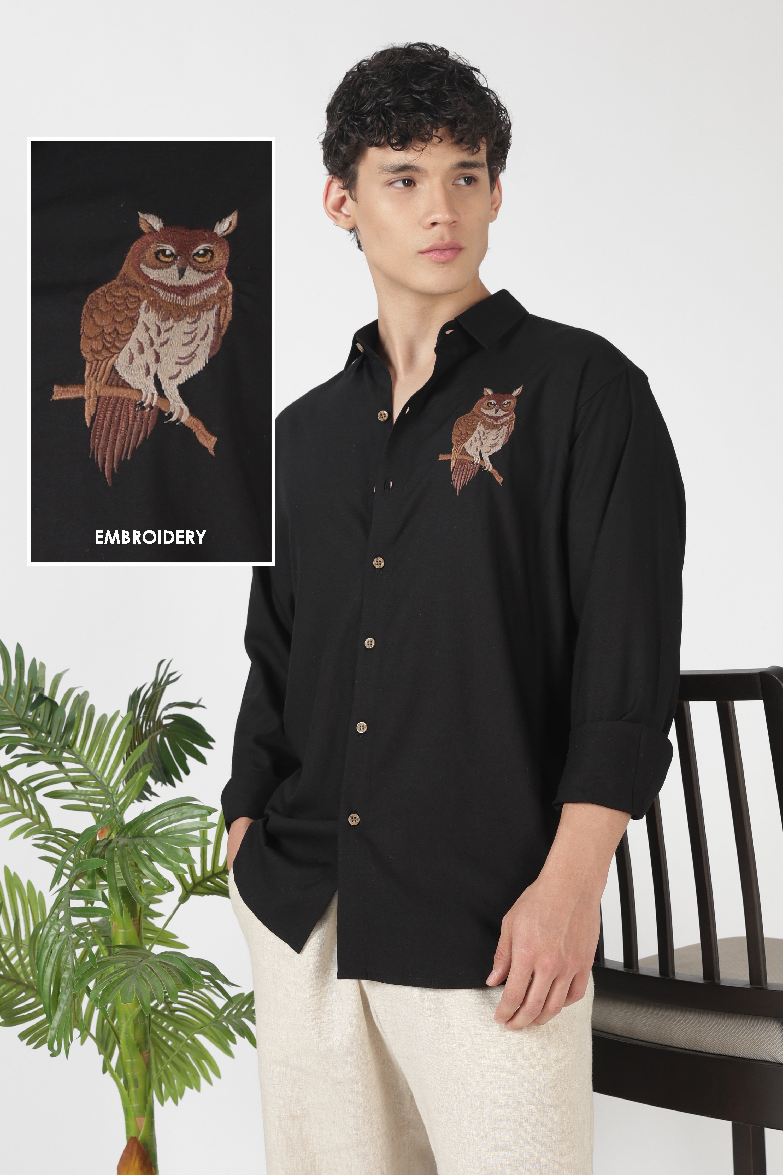 Nocturnal Owl Cotton Regular Fit Black Embroidered Shirt