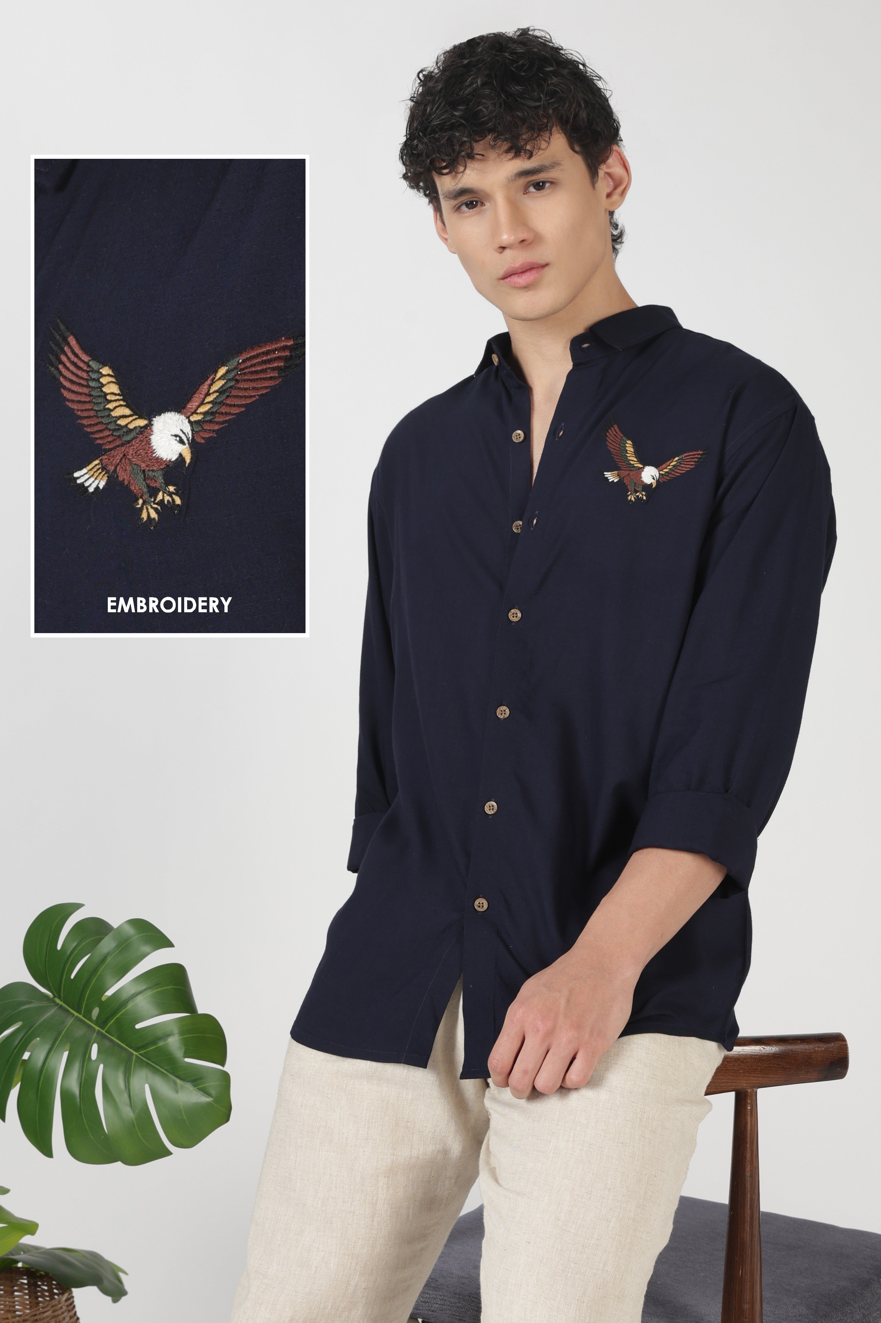 Striking Eagle Cotton Regular Fit Blue Embroidered Shirt