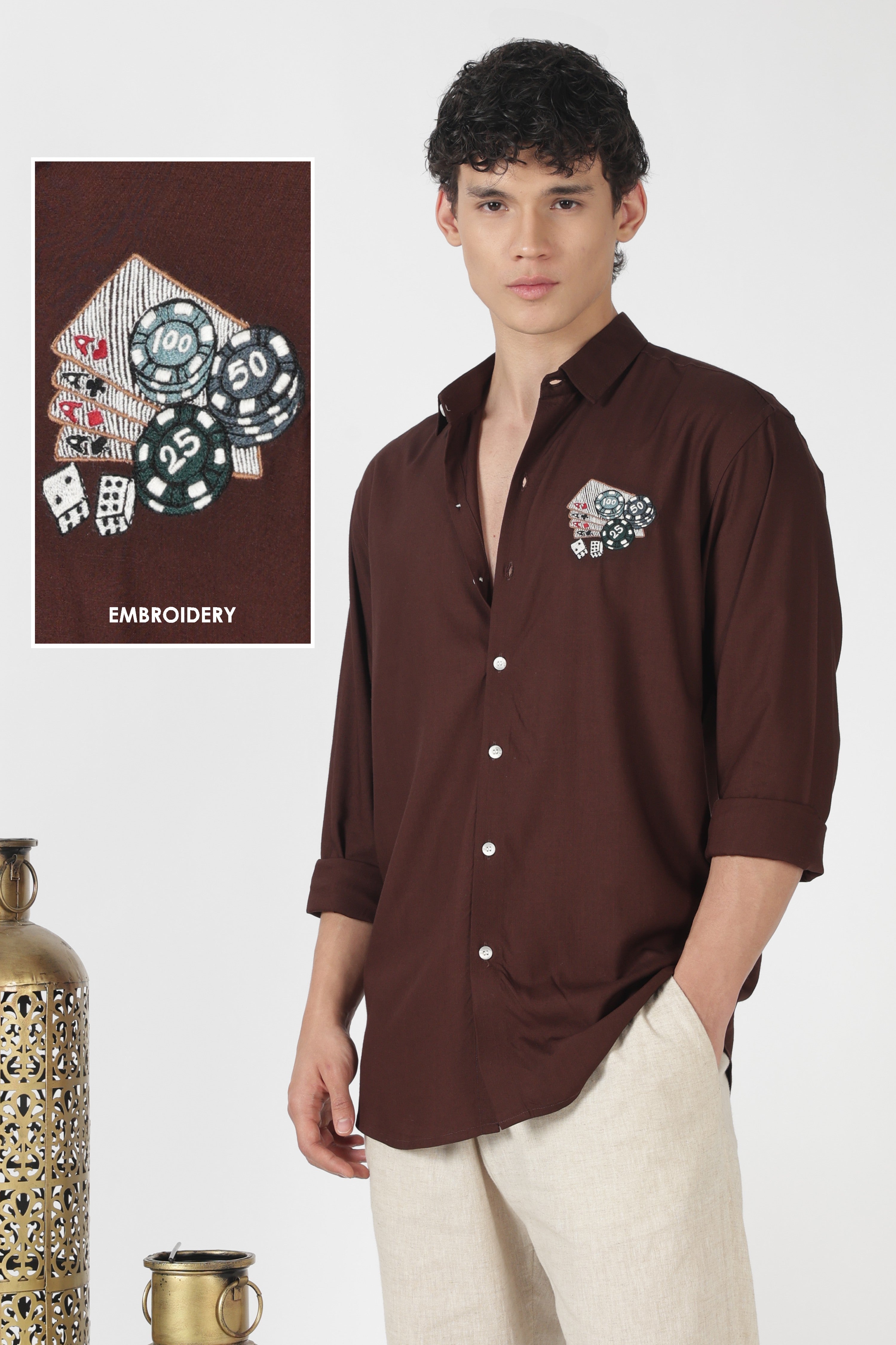 Casino Poker Cotton Regular Fit Chocolate Brown Embroidered Shirt