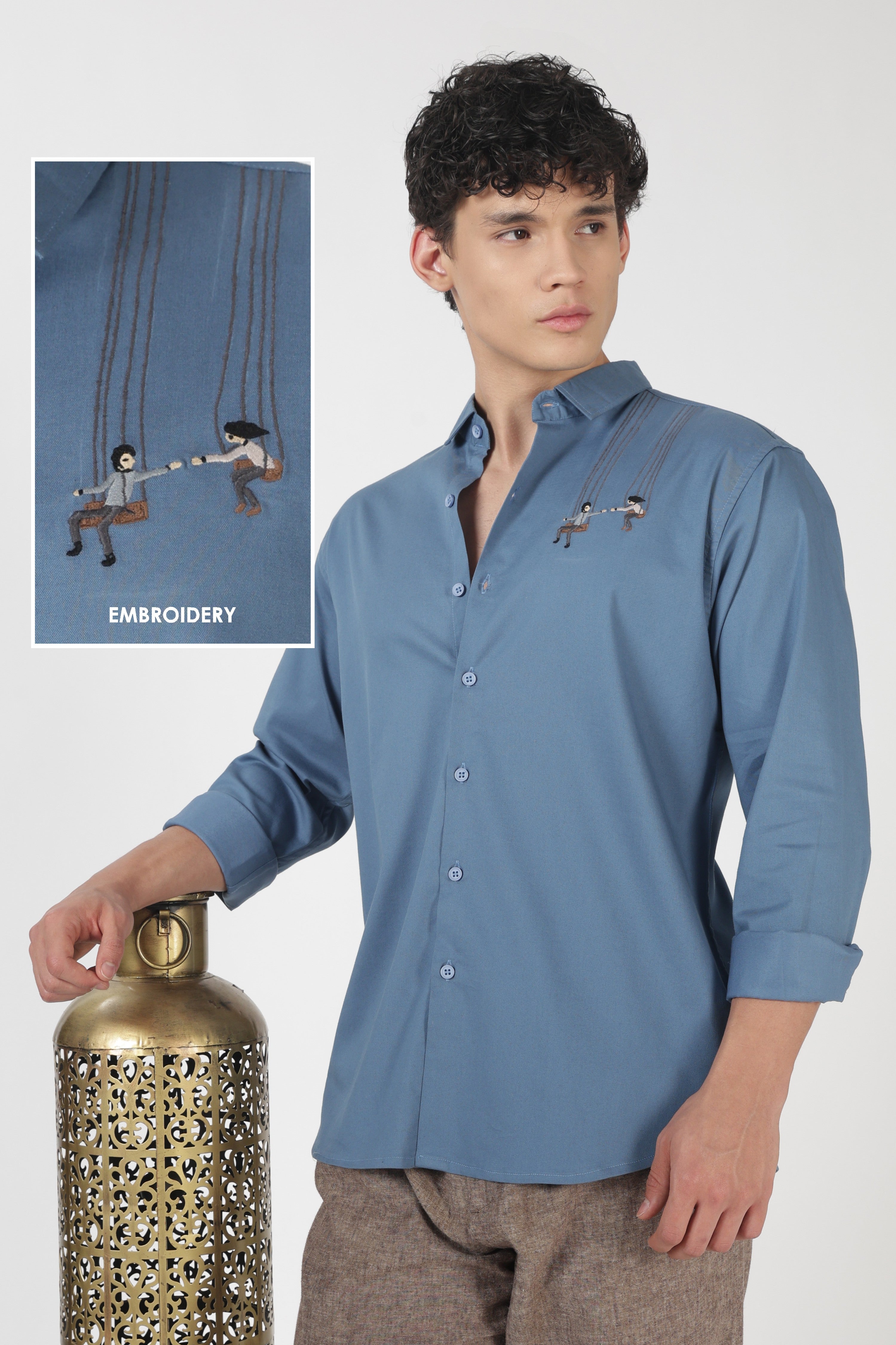 Playful Swing Couple Cotton Regular Fit Blue Embroidered Shirt