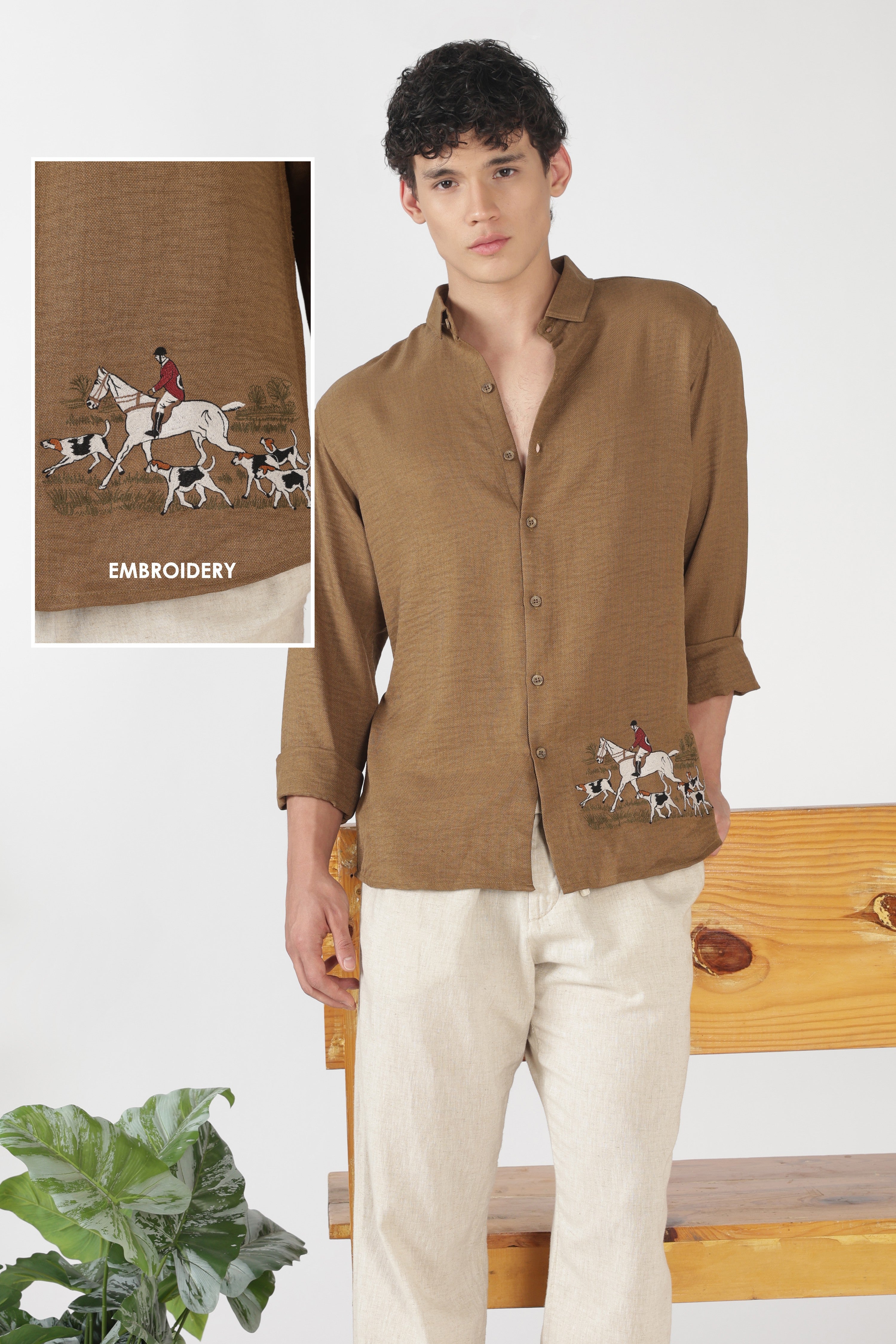 Saddle Equestrian Cotton Regular Fit Brown Embroidered Shirt