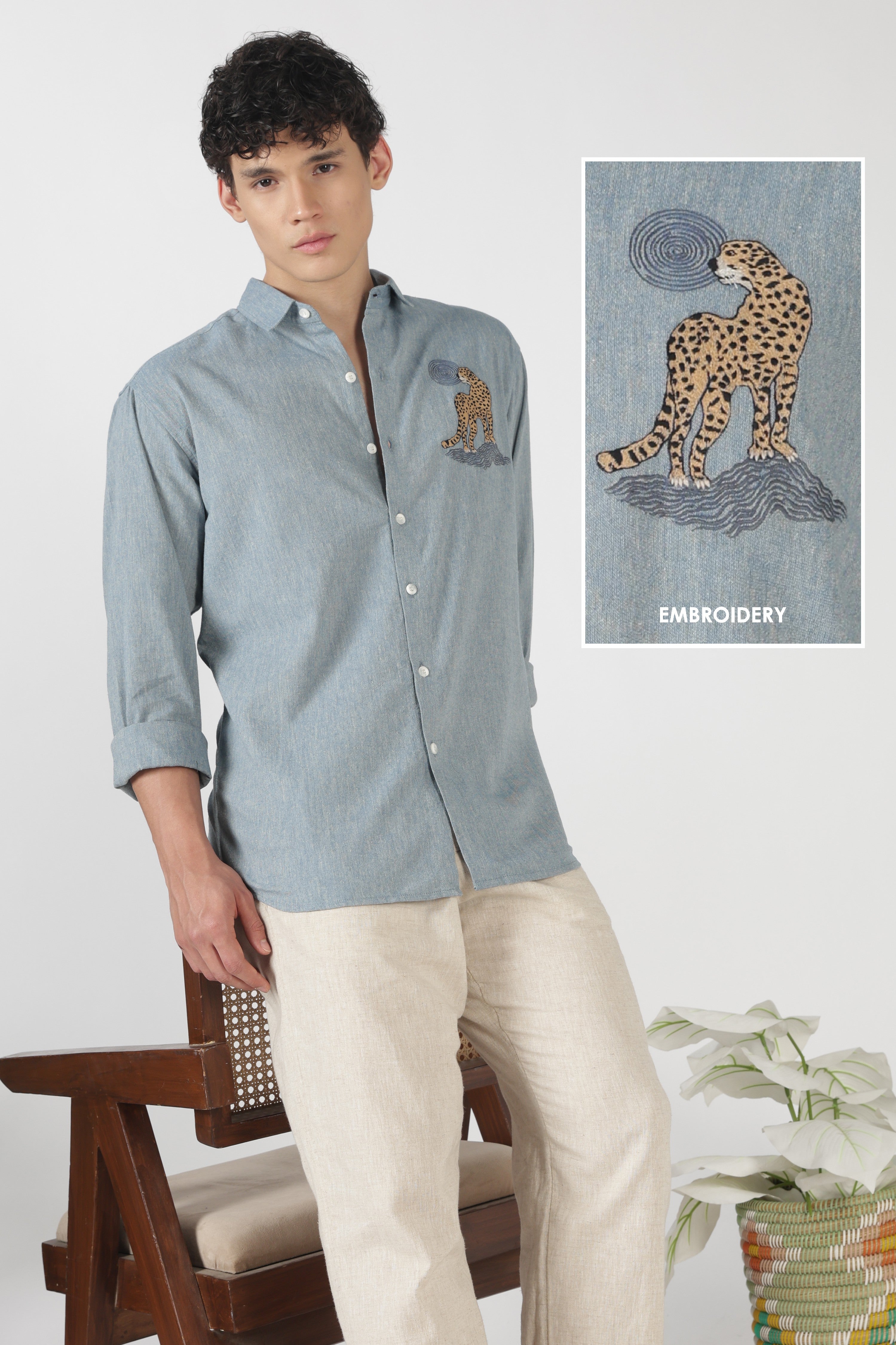 Desert Leopard Cotton Regular Fit Sky blue Embroidered Shirt