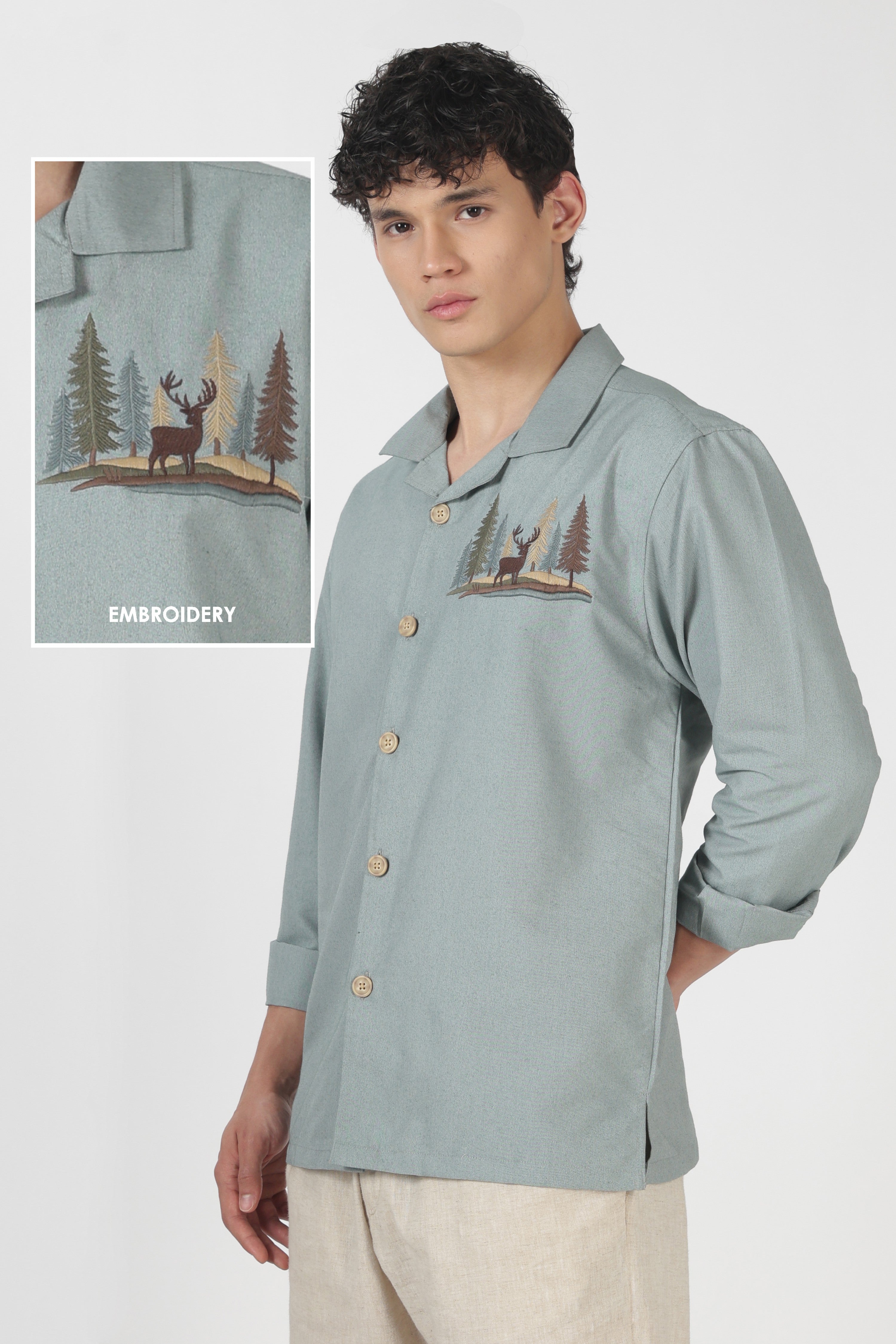 Timber Trail Stag Cotton Box Fit Sky Blue Embroidered Shirt