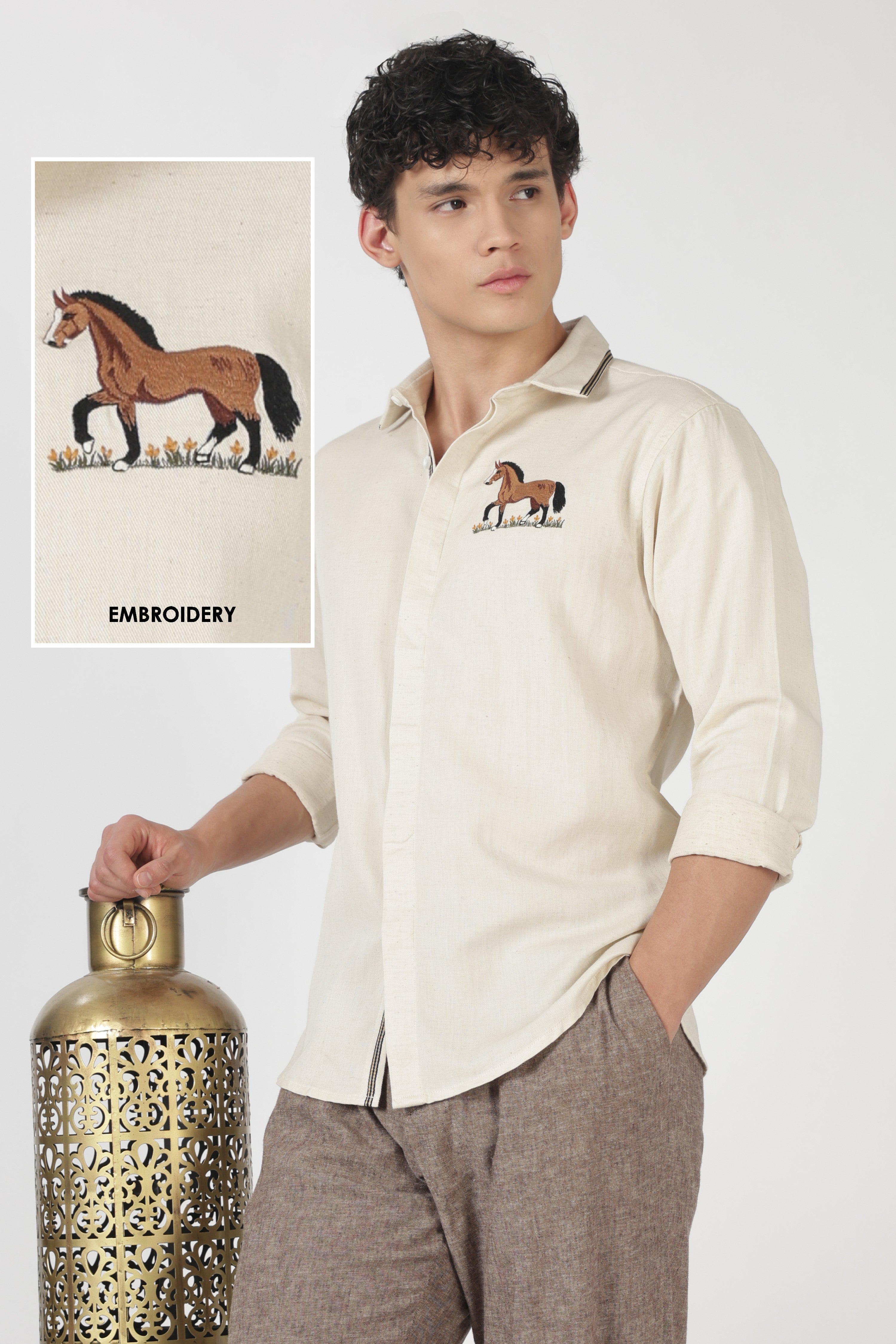Majestic Horse Cotton Regular Fit Beige Embroidered Shirt