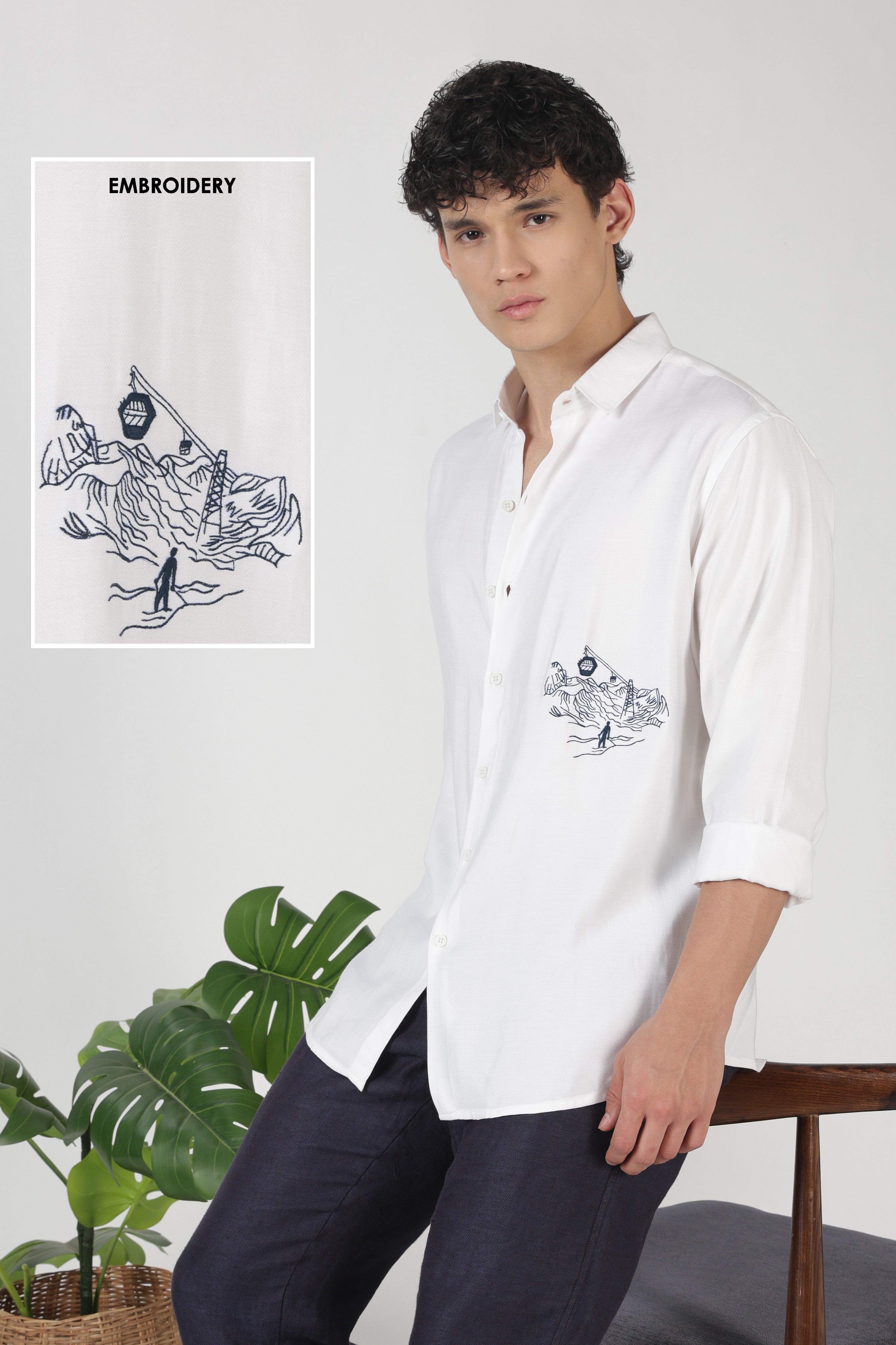 Mountain Line Art 100% Cotton Regular Fit White Embroidered Shirt