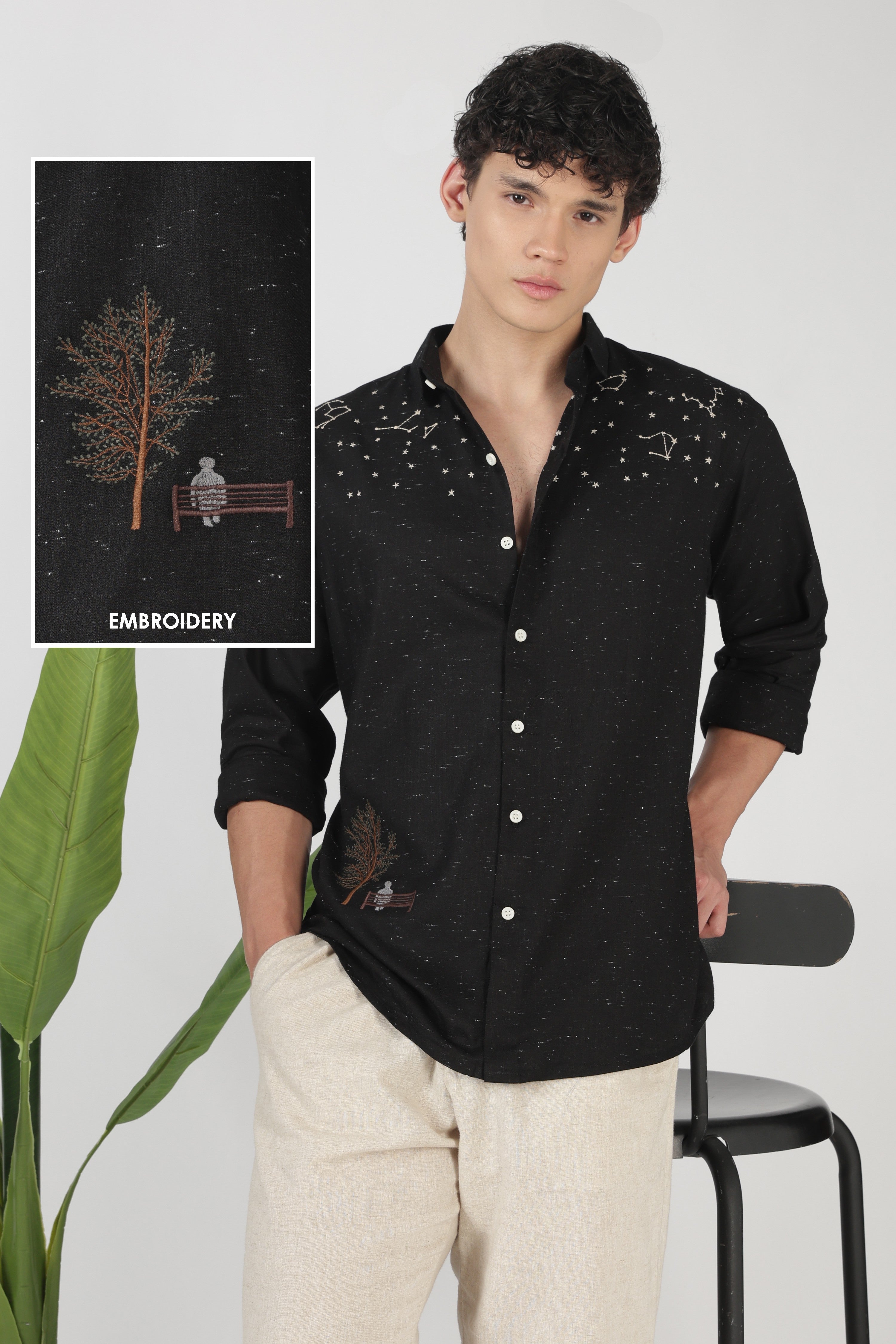 Starlit Solitude Cotton Regular Fit Black Embroidered Shirt