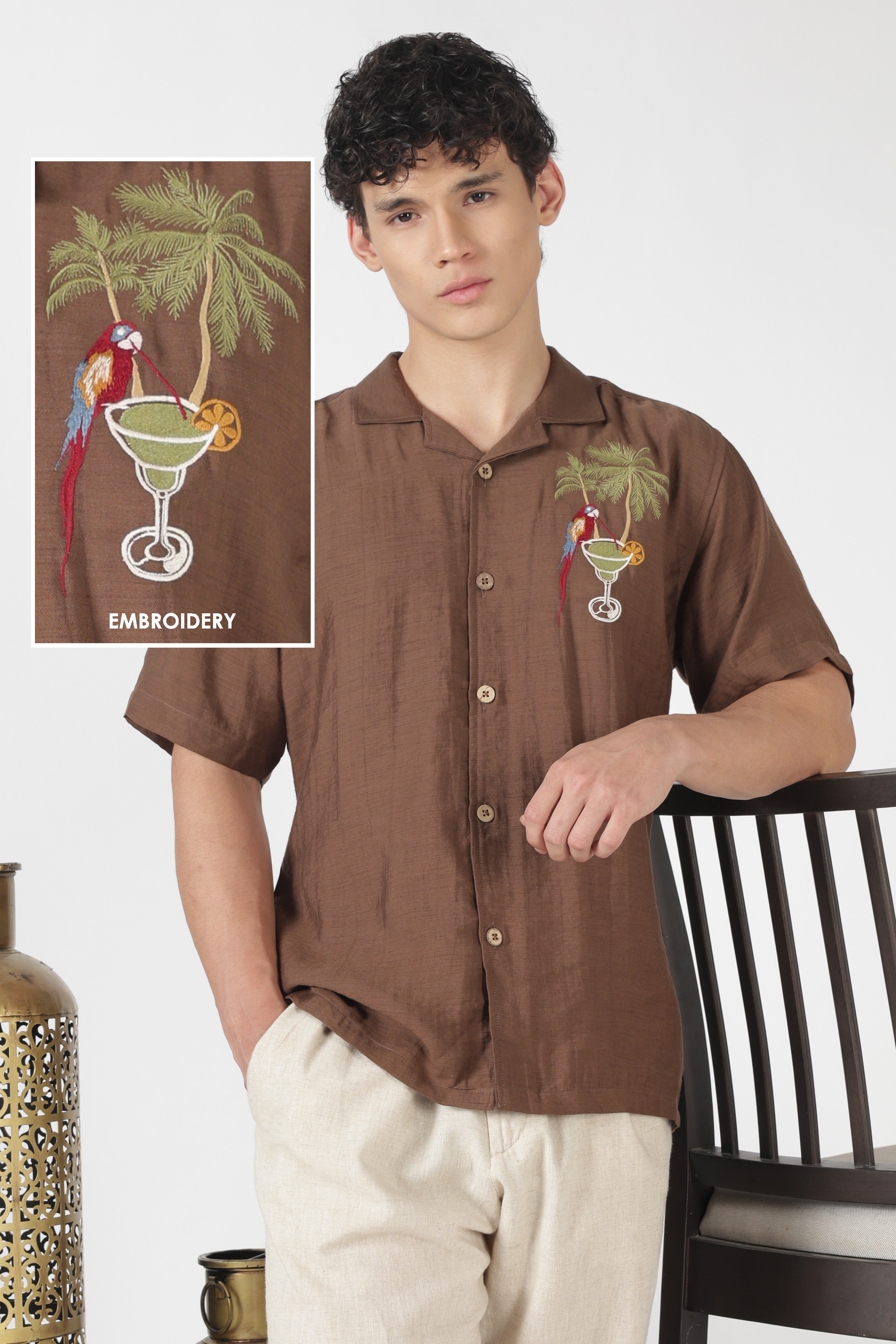 Macaw Tropical Drink Cotton Box Fit Brown Embroidered Shirt