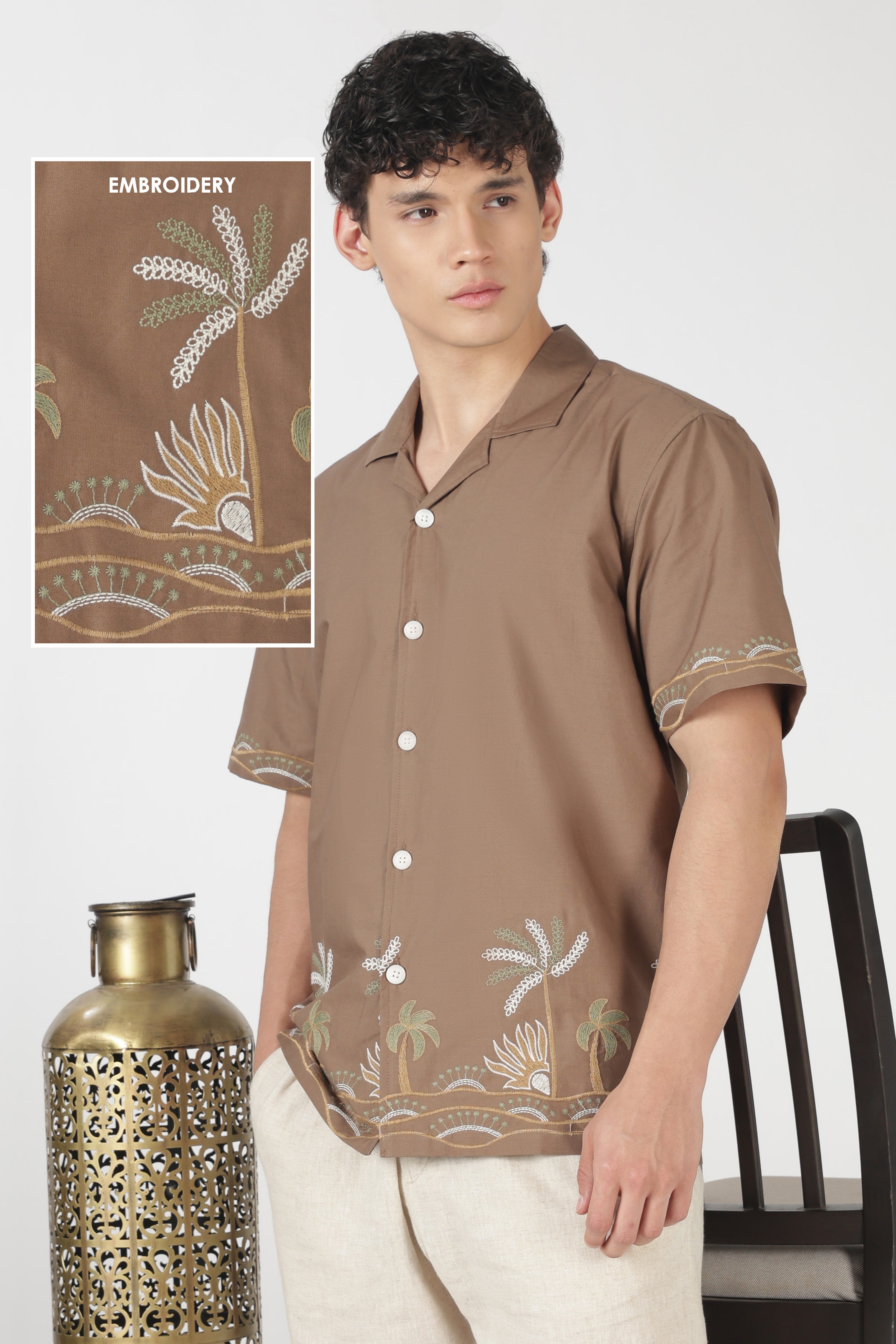 Tropical Coast Cotton Box Fit Brown Embroidered Shirt