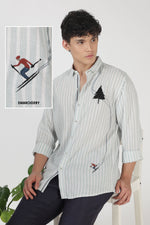 The Alpine Skiing Story 100% Cotton Regular Fit Ice Blue Striped Shirt